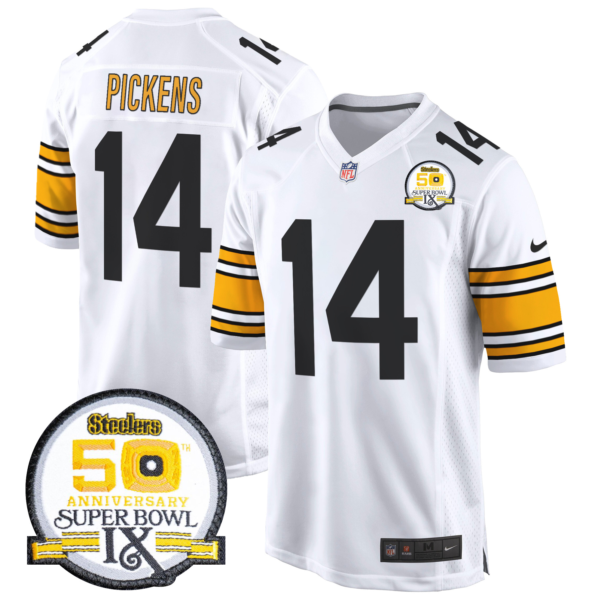 Men's George Pickens Pittsburgh Steelers 50th Anniversary Of Super Bowl IX Patch Game 1975 White Jersey - All Stitched