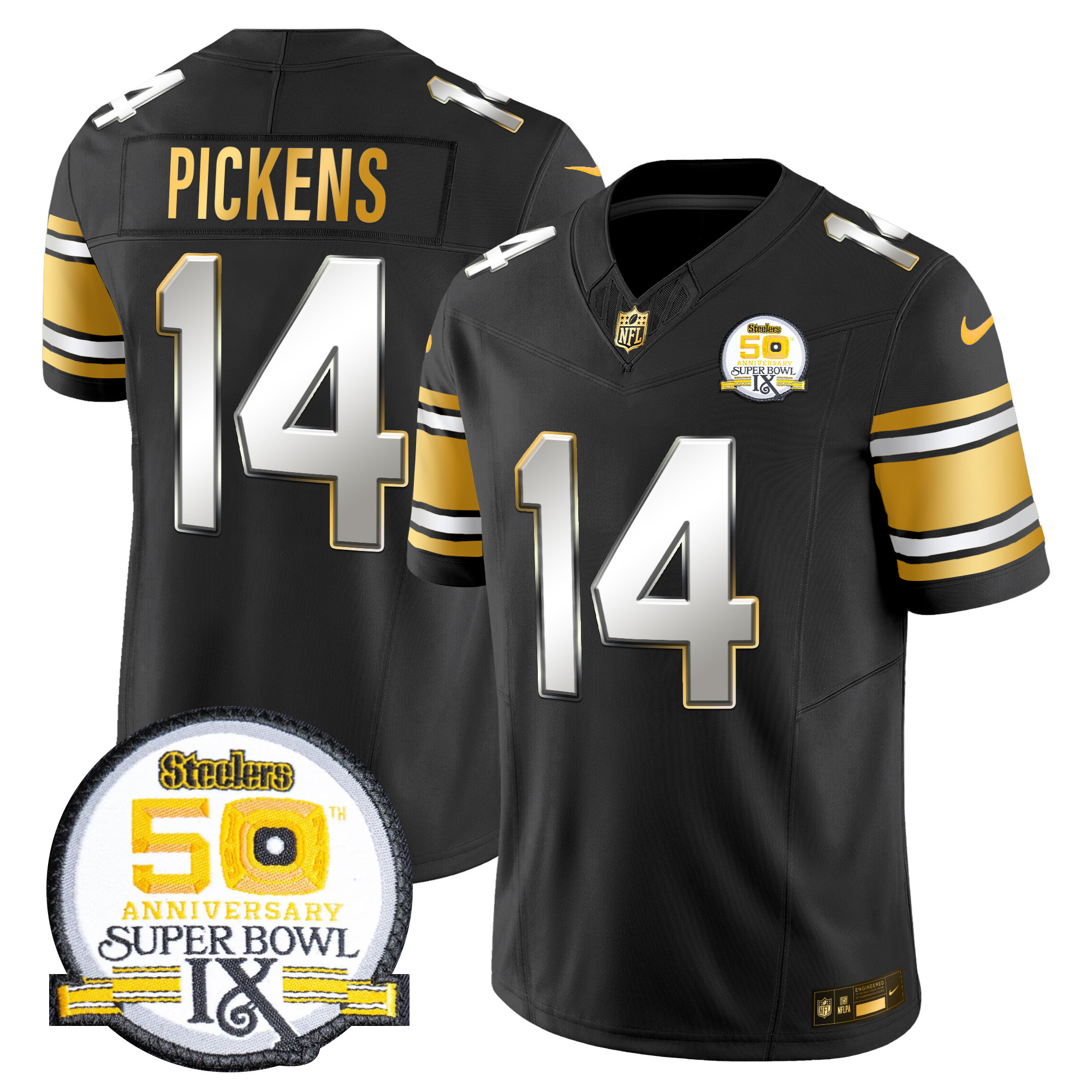 Men's George Pickens Pittsburgh Steelers 50th Anniversary of Super Bowl IX Patch Gold Vapor Limited Black Limited Jersey - All Stitched