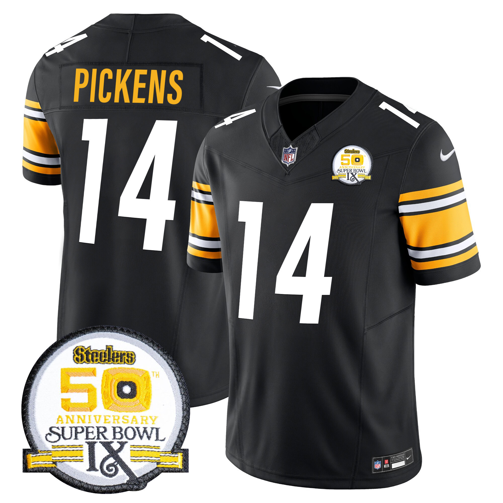 Men's George Pickens Pittsburgh Steelers 50th Anniversary Of Super Bowl IX Patch Vapor Limited Black Jersey - All Stitched