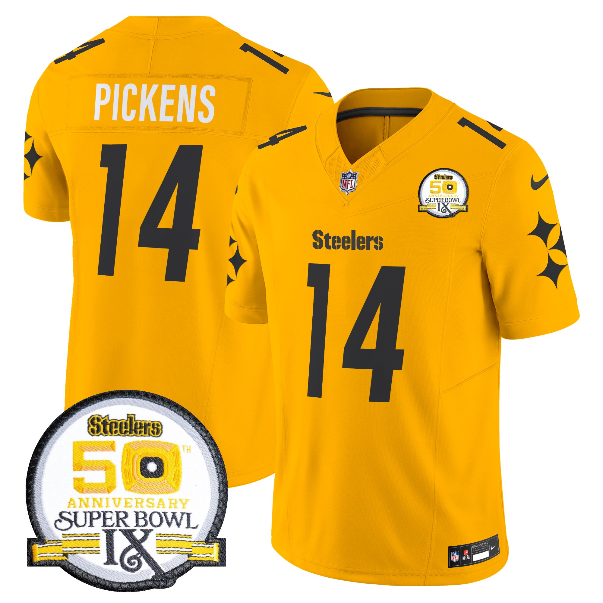 Men's George Pickens Pittsburgh Steelers 50th Anniversary Of Super Bowl IX Patch Vapor Limited Gold Jersey - All Stitched