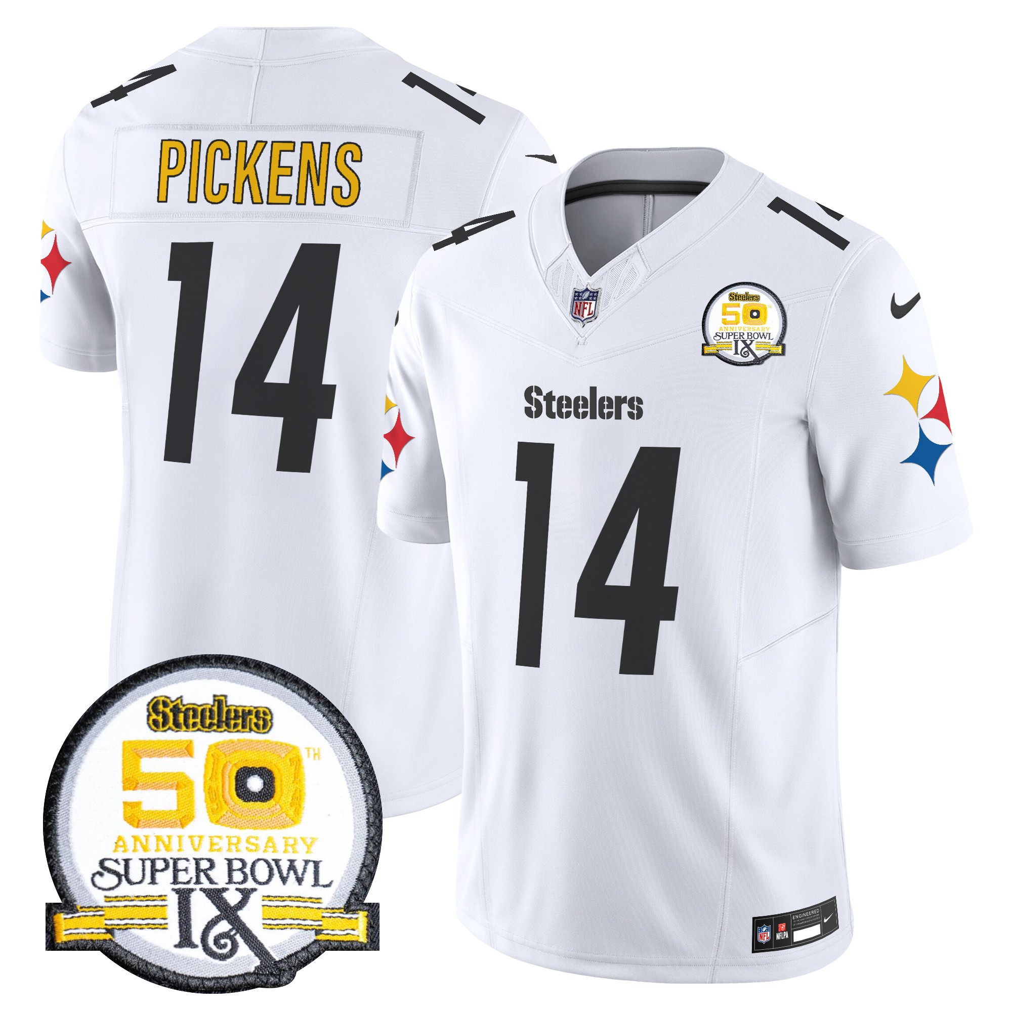 Men's George Pickens Pittsburgh Steelers 50th Anniversary Of Super Bowl IX Patch Vapor Limited White Jersey - All Stitched