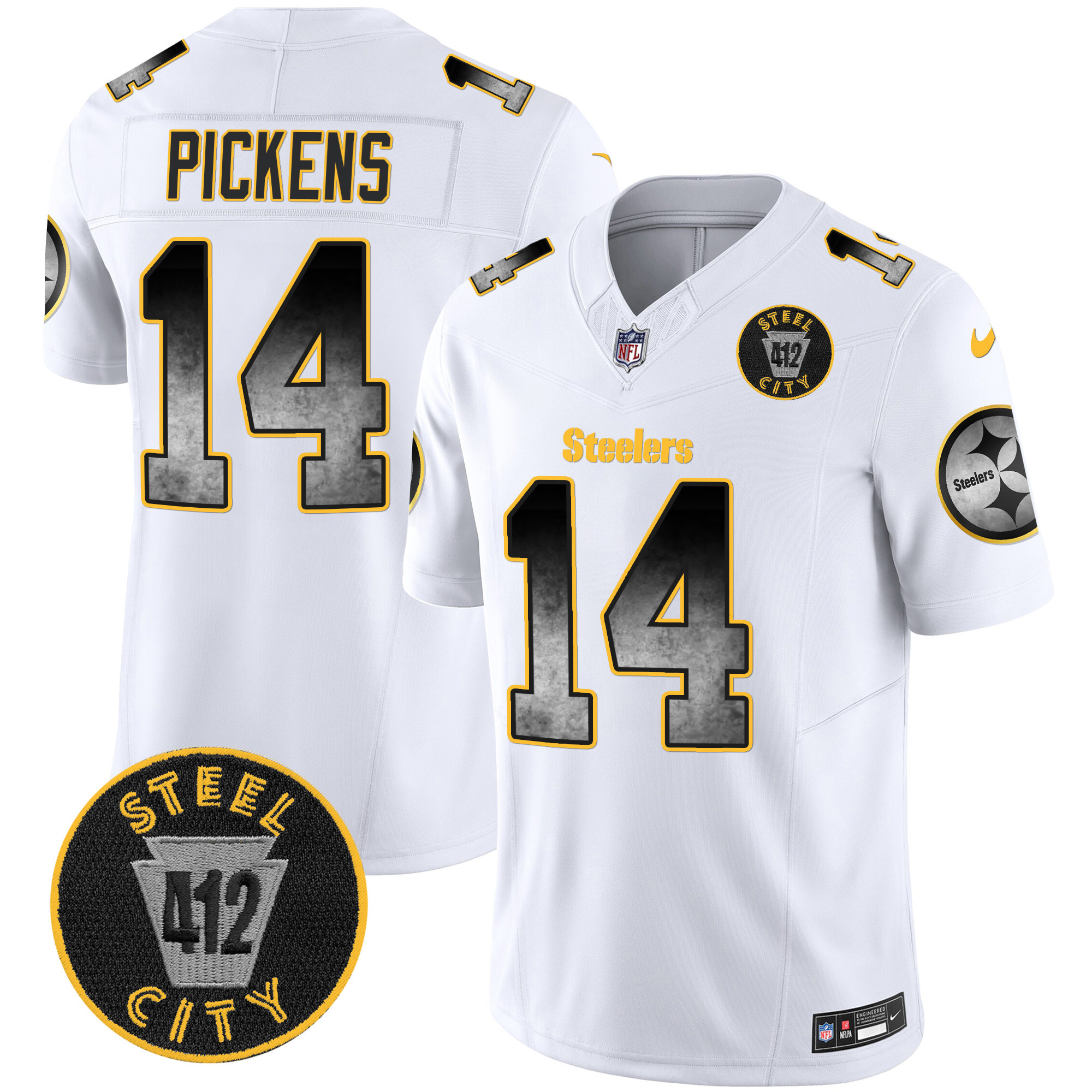 Men's George Pickens Pittsburgh Steelers Arch Smoke 412 Patch Vapor Limited White Jersey - All Stitched