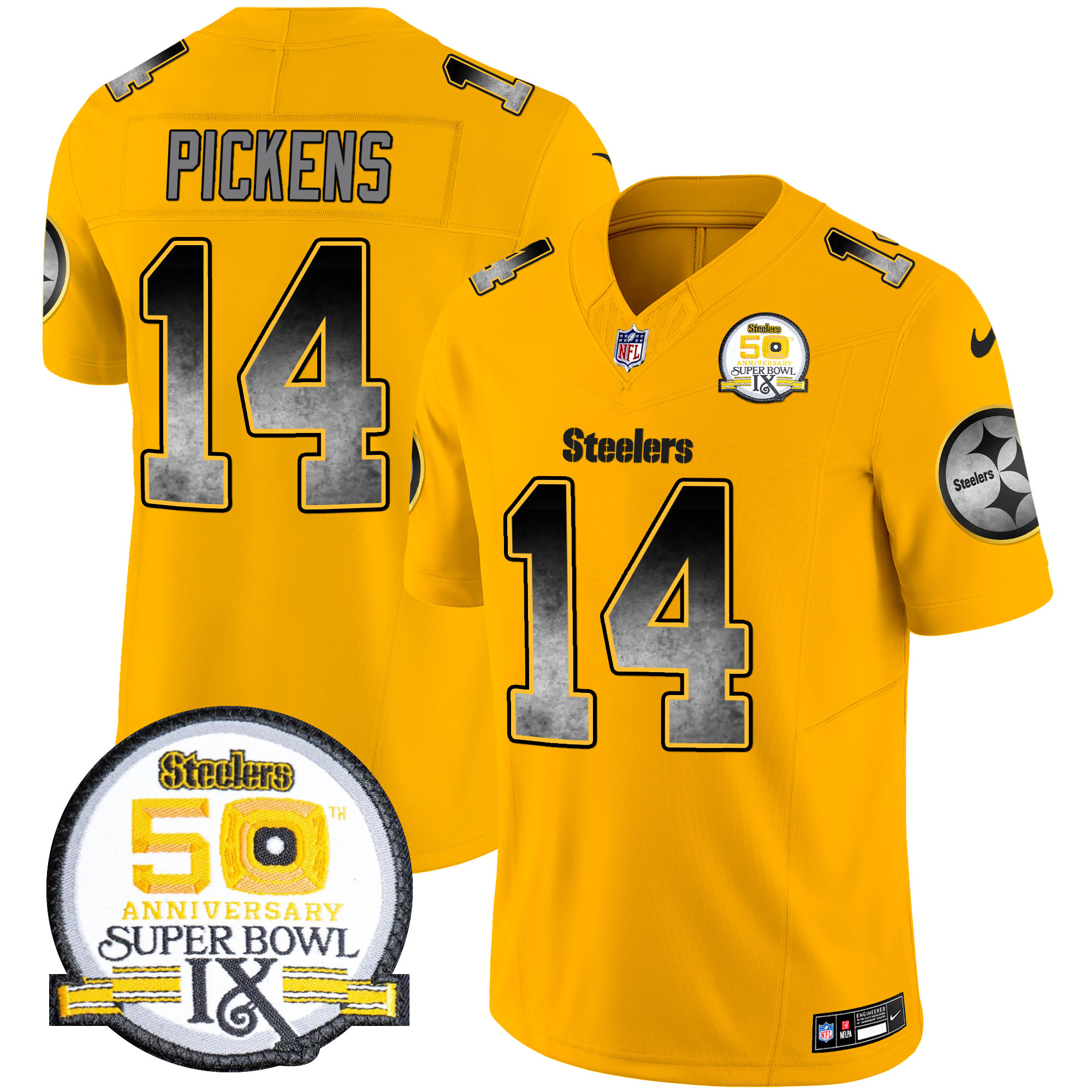 Men's George Pickens Pittsburgh Steelers Arch Smoke 50th Anniversary Of Super Bowl IX Patch Vapor Limited Gold Jersey - All Stitched