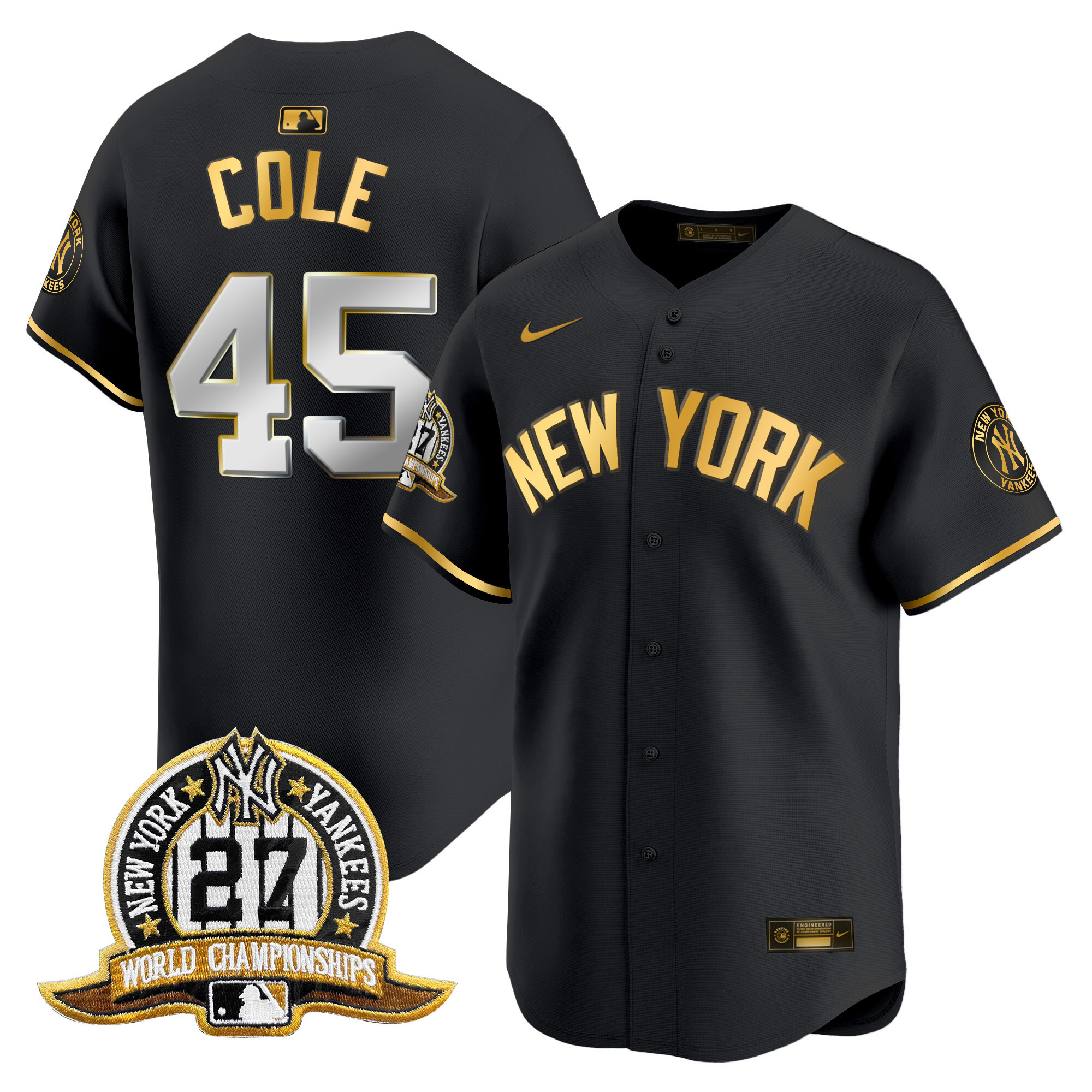Men's Gerrit Cole New York Yankees 27 Time Champions Patch Vapor Premier Limited Black Gold Jersey V2 - All Stitched