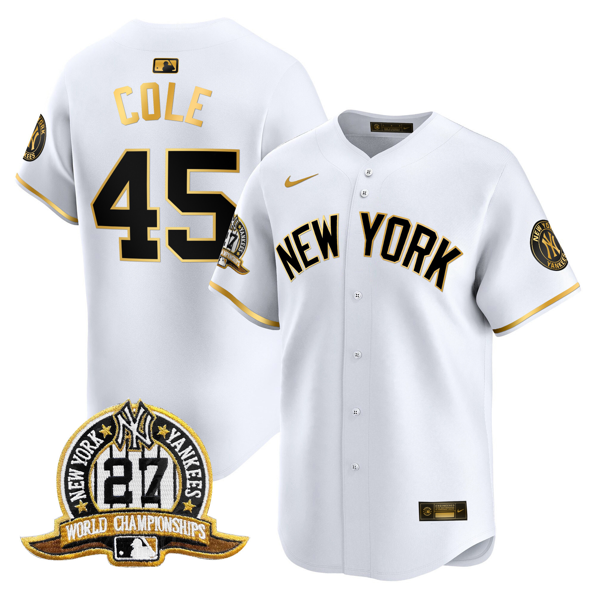 Men's Gerrit Cole New York Yankees 27 Time Champions Patch Vapor Premier Limited White Gold Jersey V2 - All Stitched