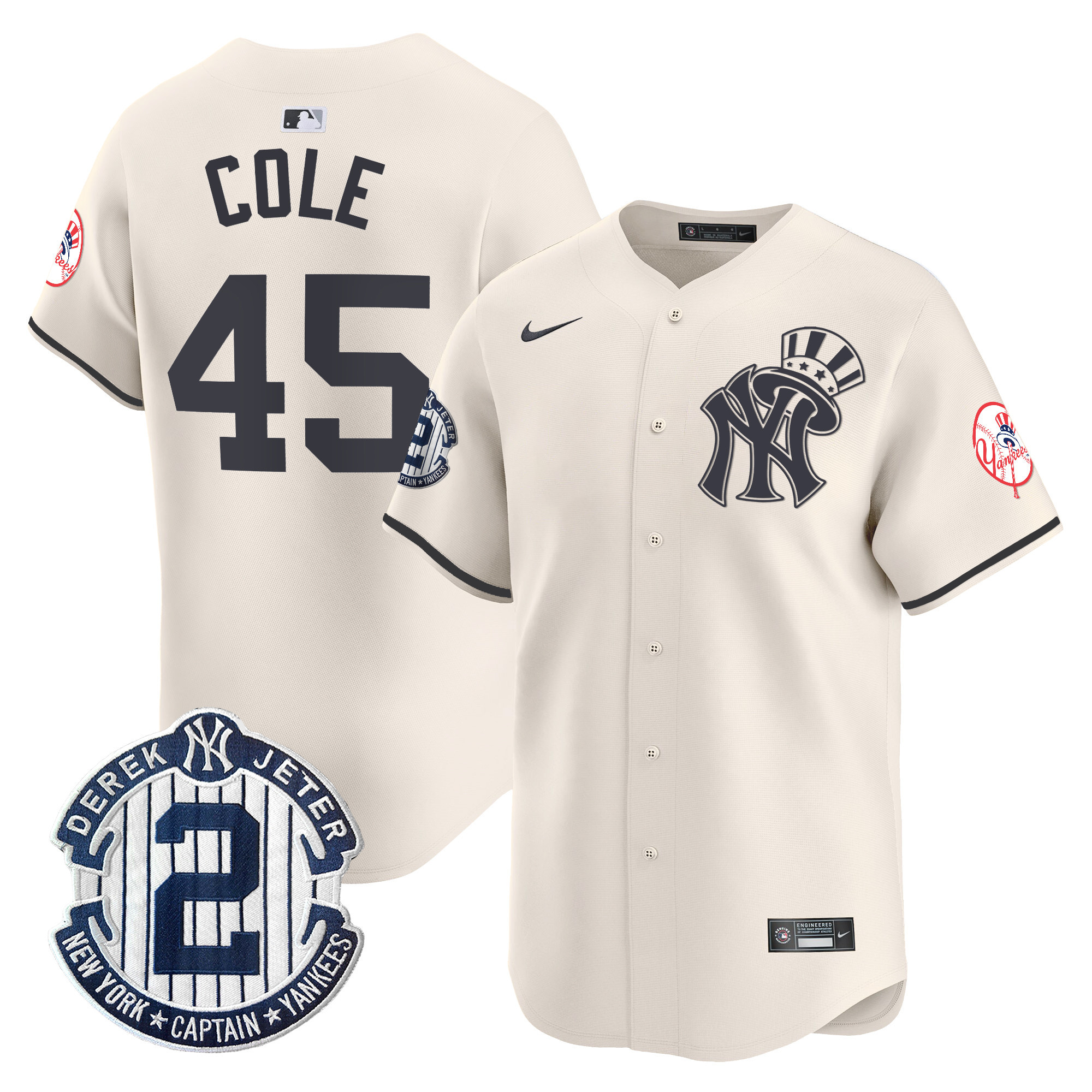 Men's Gerrit Cole New York Yankees Derek Jeter Patch Vapor Premier Limited Cream Jersey V2 - All Stitched