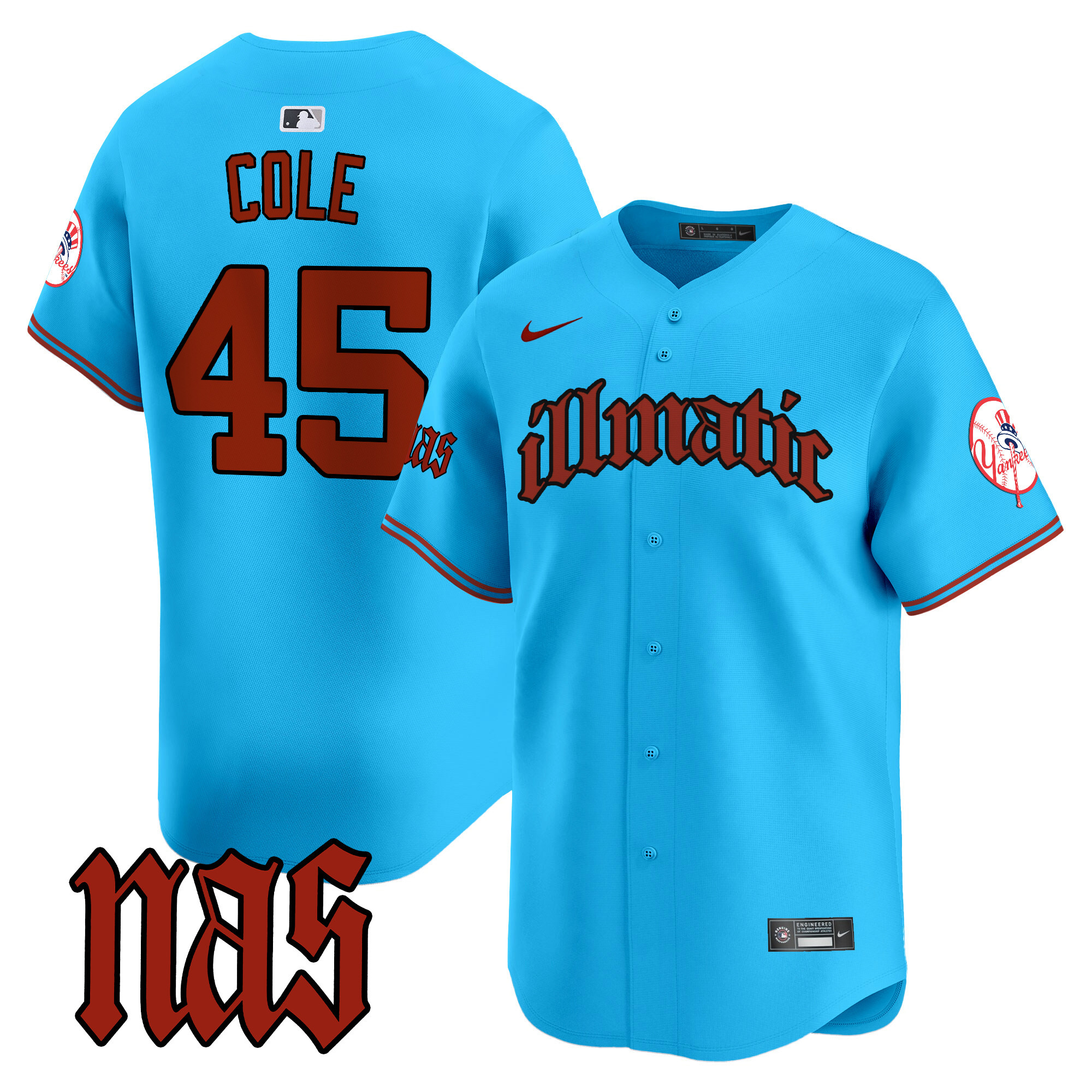 Men's Gerrit Cole New York Yankees Nas Illmatic Vapor Premier Limited Light Blue Jersey - All Stitched