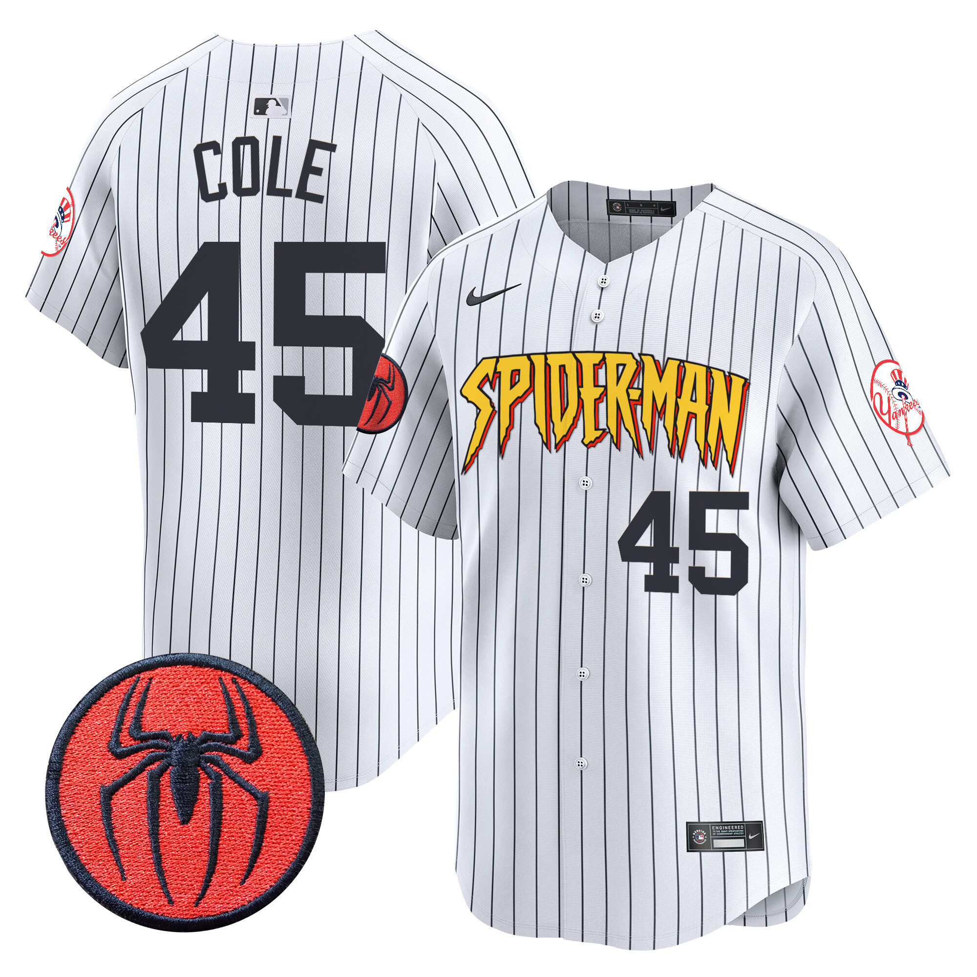 Men's Gerrit Cole New York Yankees Spider-Man Vapor Premier Limited Pinstripe Jersey - All Stitched