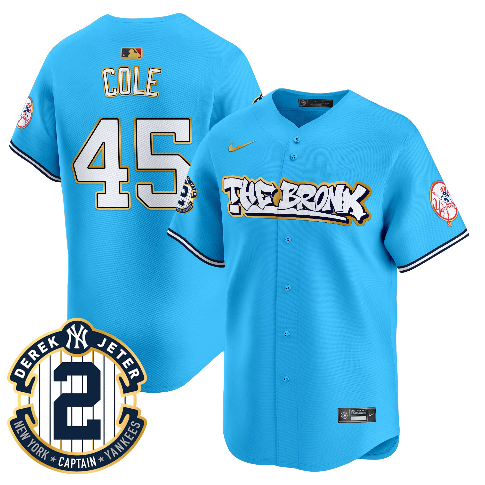 Men's Gerrit Cole New York Yankees The Bronx Graffiti Gold Trim Vapor Premier Limited Light Blue Jersey - All Stitched
