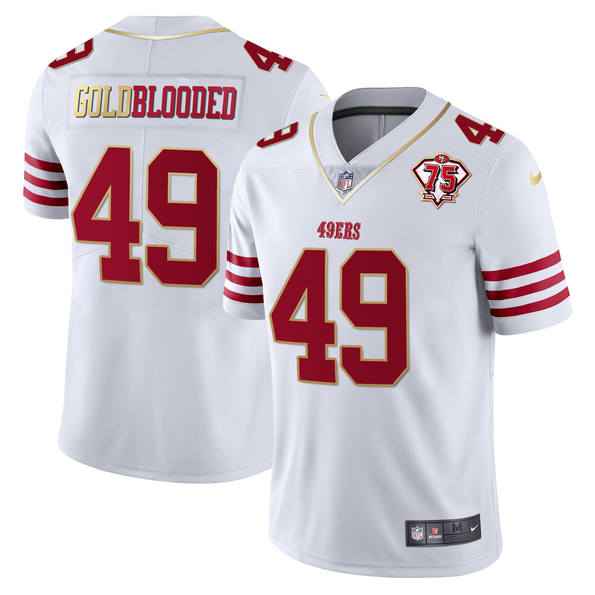 Men's Gold Blooded San Francisco 49ers 75th Anniversary Patch Vapor Gold Trim White Gold Jersey - All Stitched