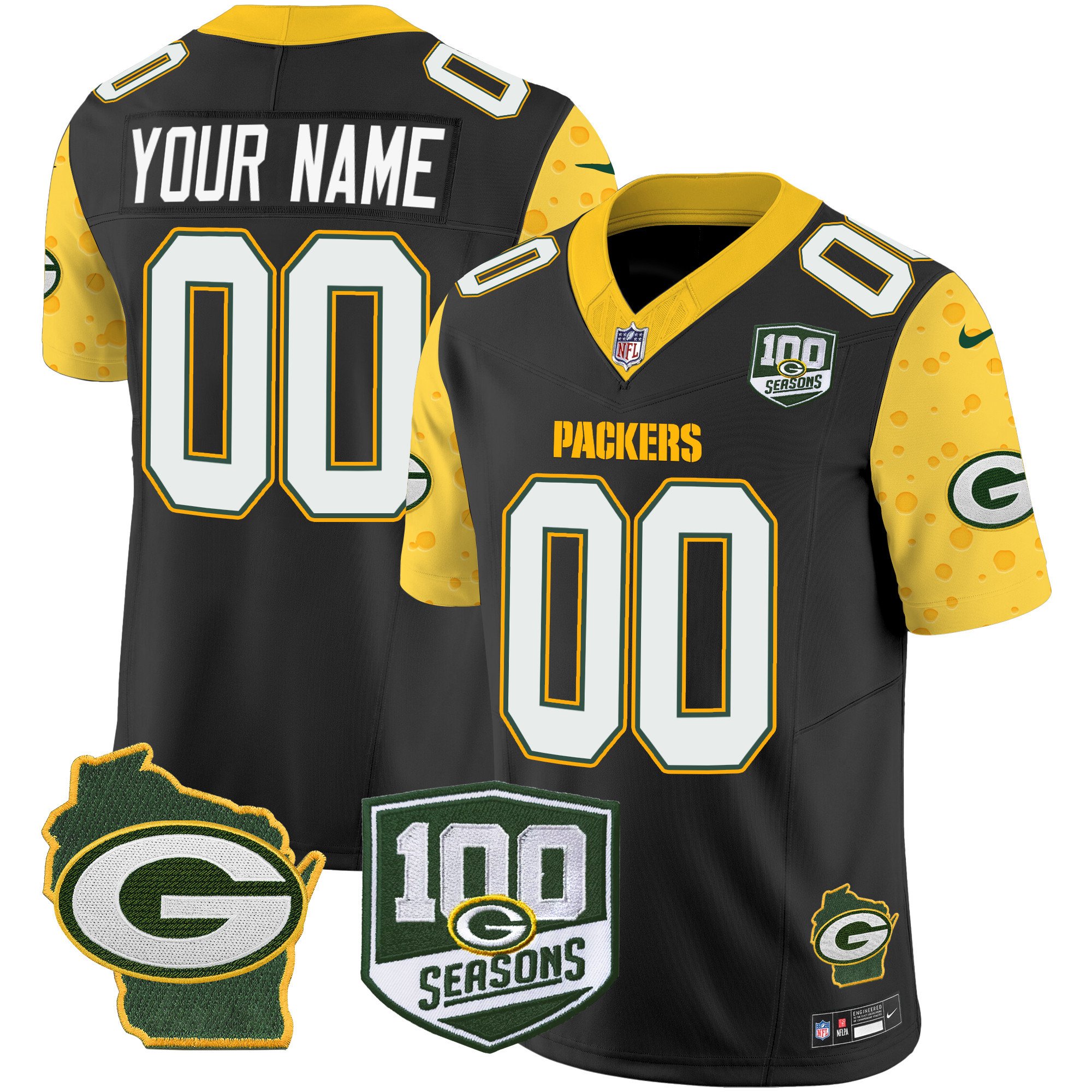 Men's Green Bay Packers 100th Season & Home Patch Cheese Vapor Limited Custom Black Jersey – All Stitched