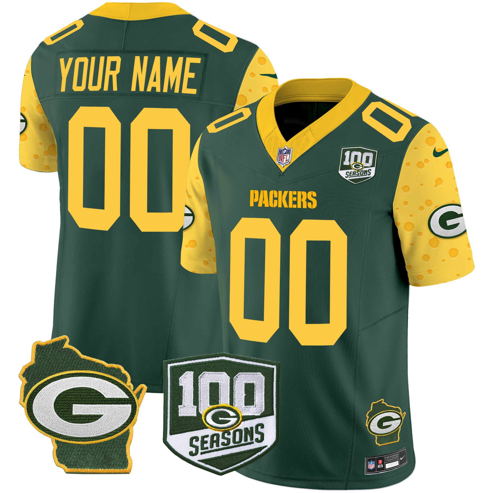 Men's Green Bay Packers 100th Season & Home Patch Cheese Vapor Limited Custom Green Jersey – All Stitched