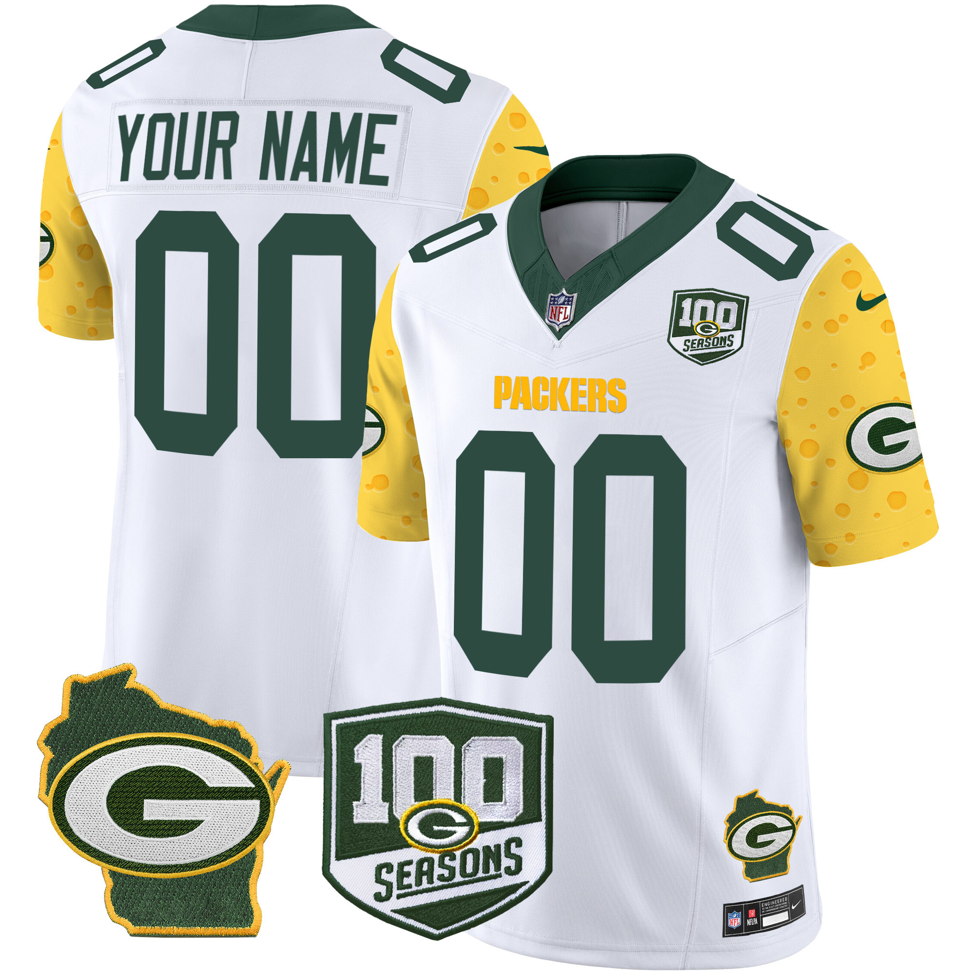 Men's Green Bay Packers 100th Season & Home Patch Cheese Vapor Limited Custom White Jersey – All Stitched