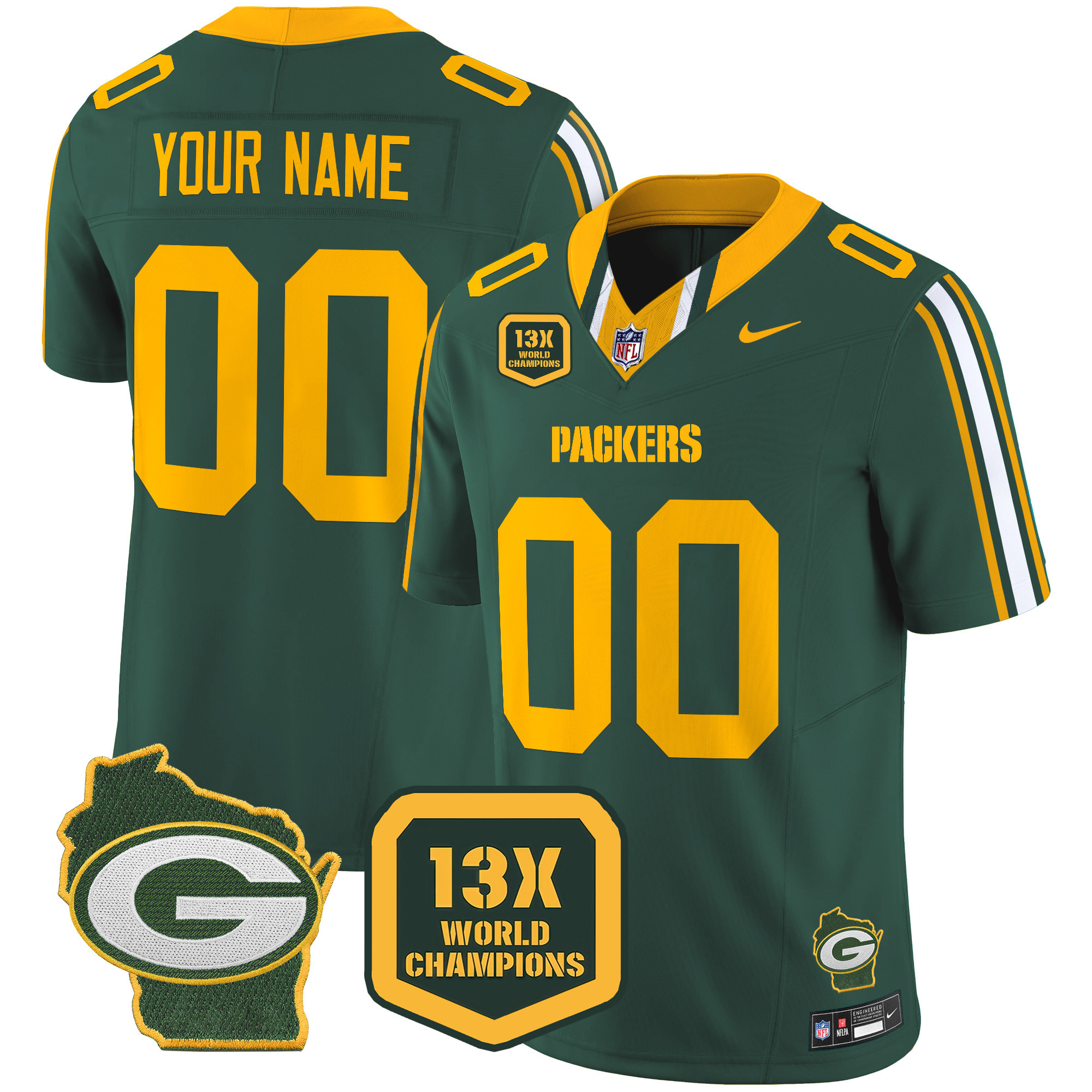 Men's Green Bay Packers 13 Time World Champions & Home Patch Vapor Limited Custom Green Jersey – All Stitched
