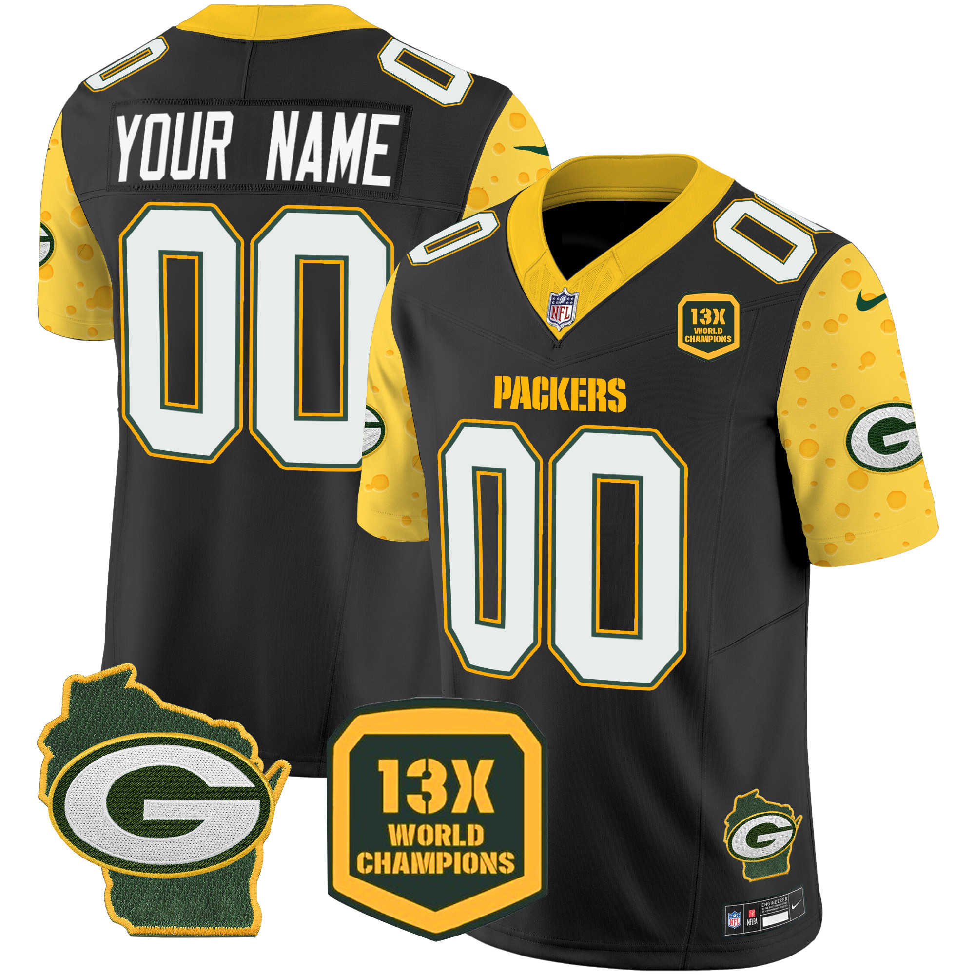 Men's Green Bay Packers Cheese Vapor Limited Custom Black Jersey – All Stitched