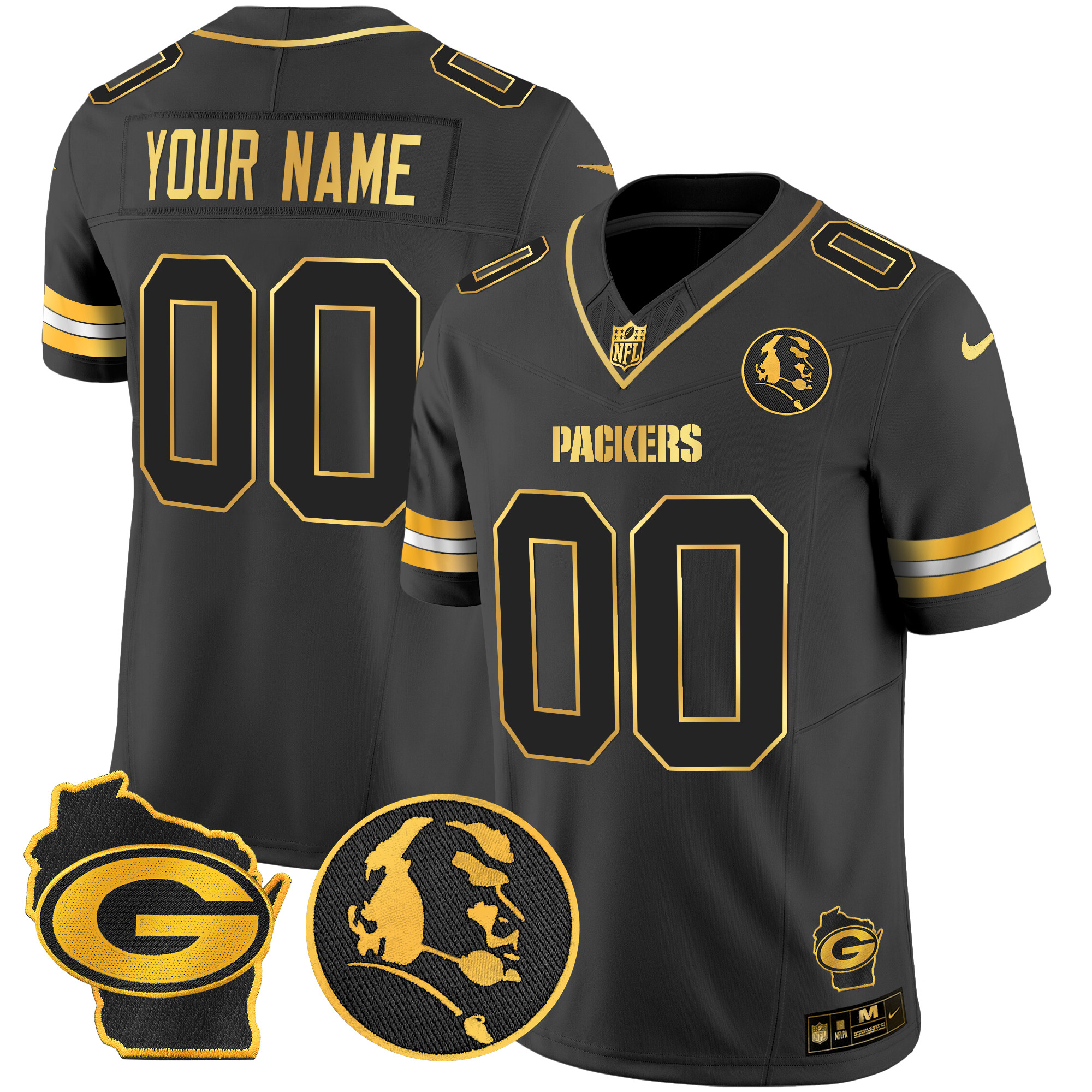 Men's Green Bay Packers John Madden & Home Patch Gold Vapor Limited Custom Black Gold Jersey - All Stitched