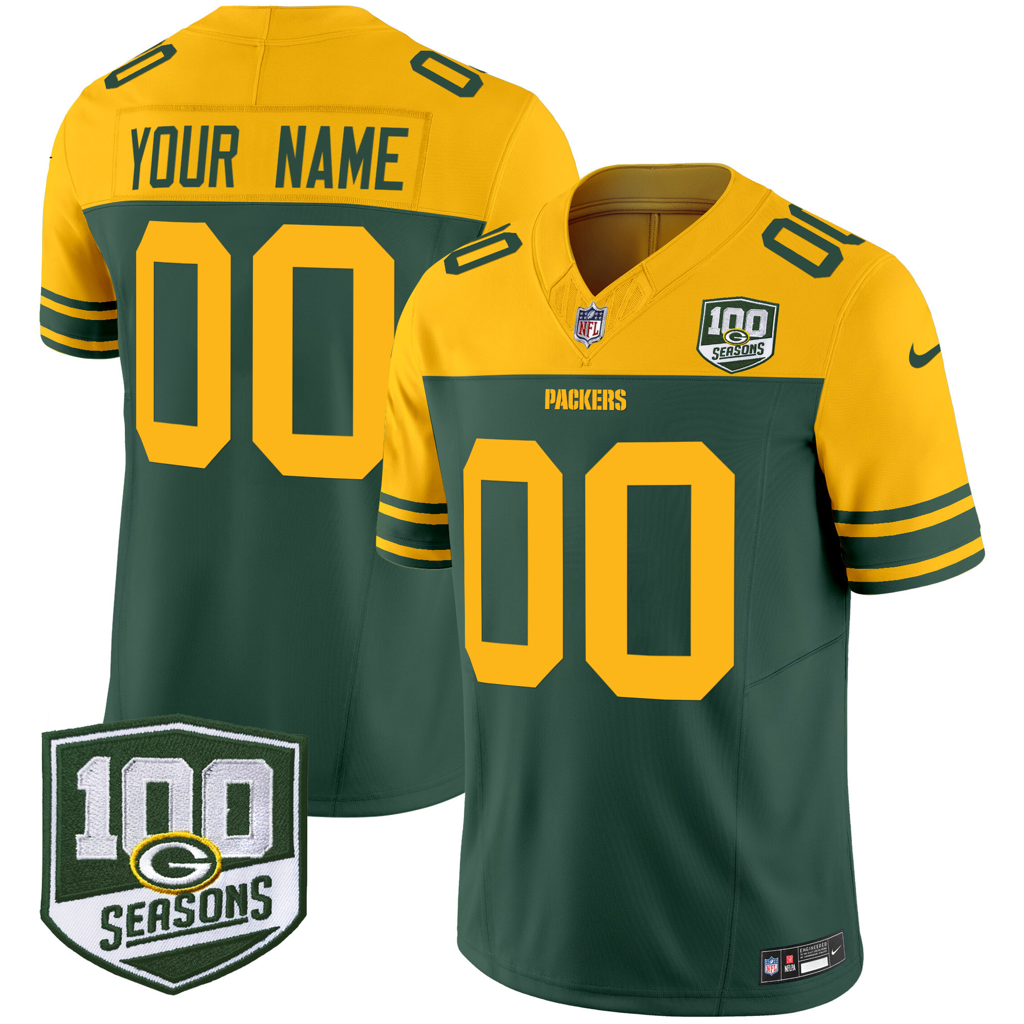 Men's Green Bay Packers Throwback 100th Season Patch Vapor Limited Custom Green Jersey - All Stitched