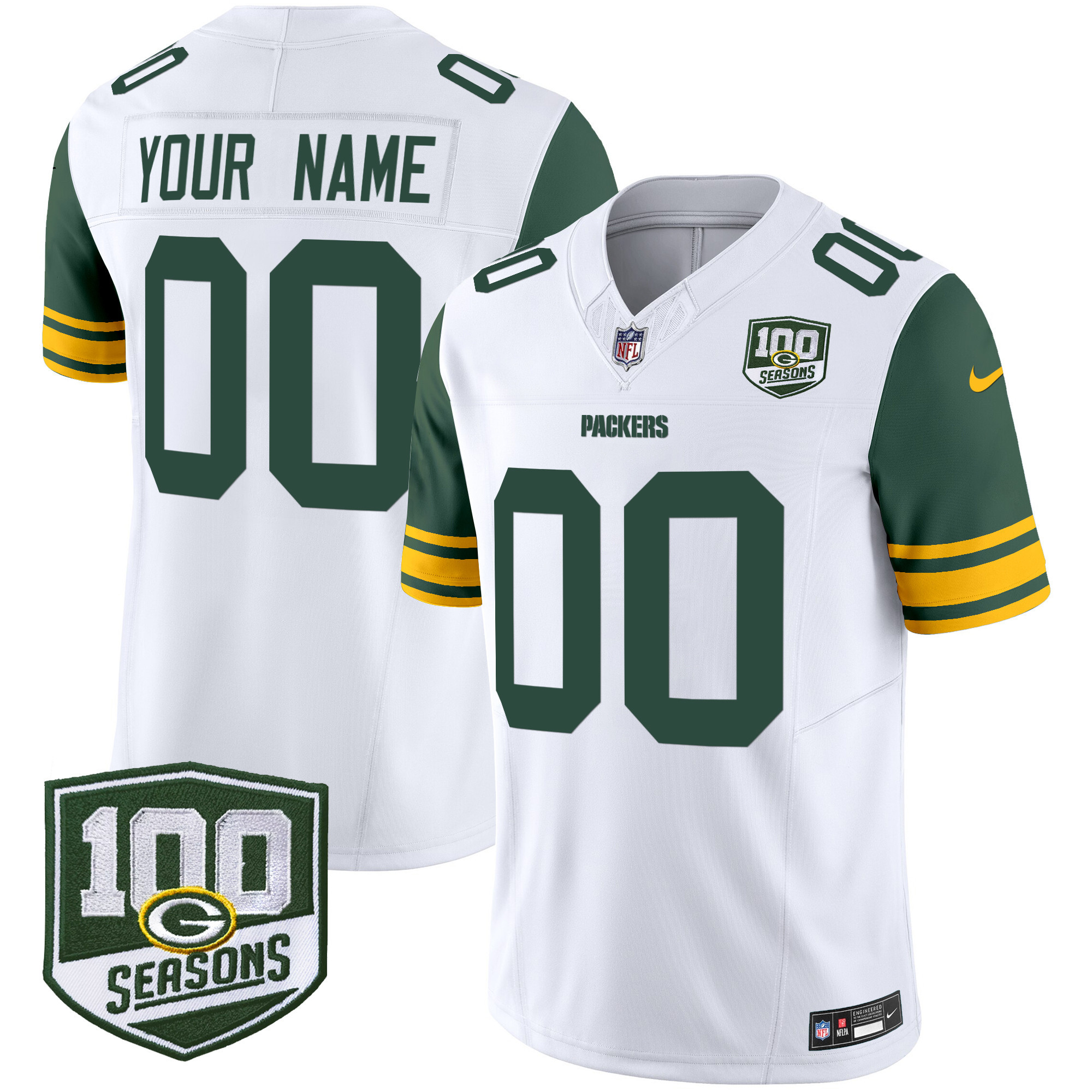 Men's Green Bay Packers Throwback 100th Season Patch Vapor Limited Custom White Jersey - All Stitched