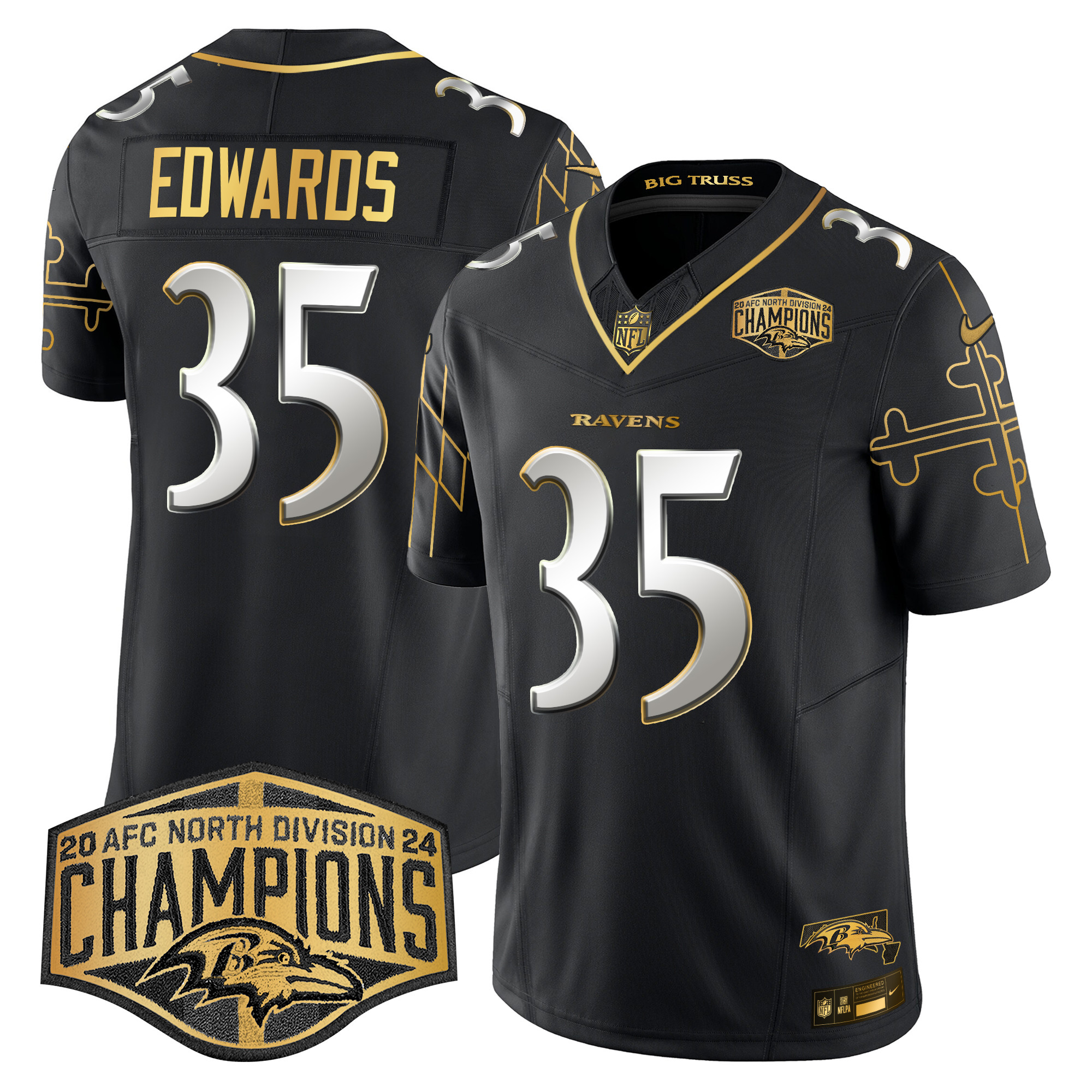 Men's Gus Edwards Baltimore Ravens Maryland Flag Map 2024 AFC North Division Champions Patch Gold Vapor Limited Black Limited Jersey - All Stitched