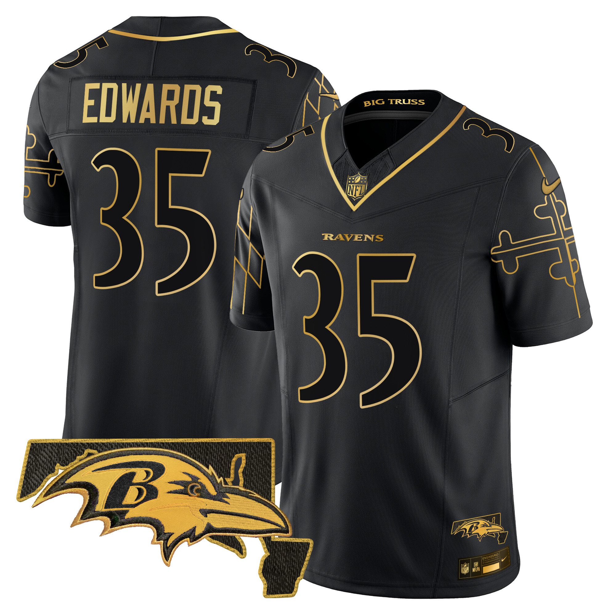 Men's Gus Edwards Baltimore Ravens Maryland Flag Map Patch Gold Vapor Limited Black Gold Jersey - All Stitched