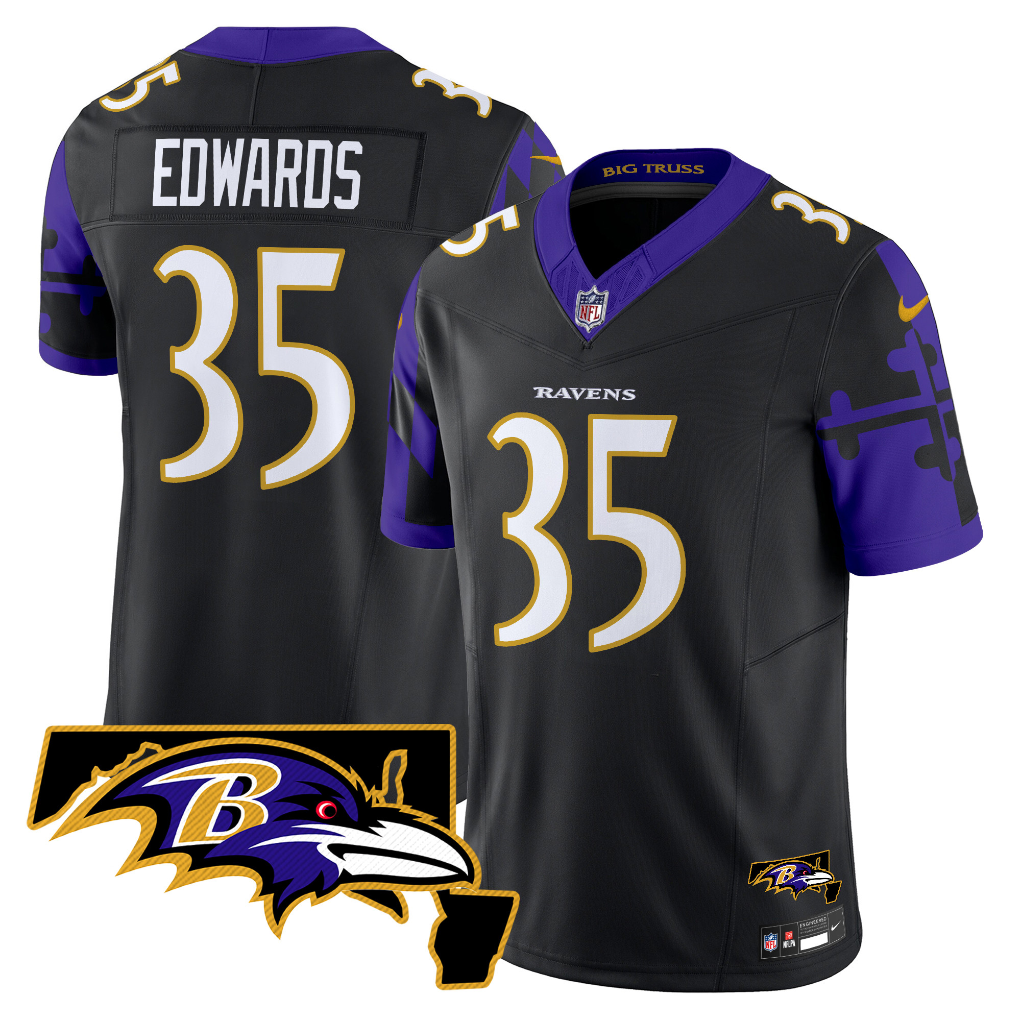Men's Gus Edwards Baltimore Ravens Maryland Flag Map Patch Vapor Limited Black Jersey - All Stitched