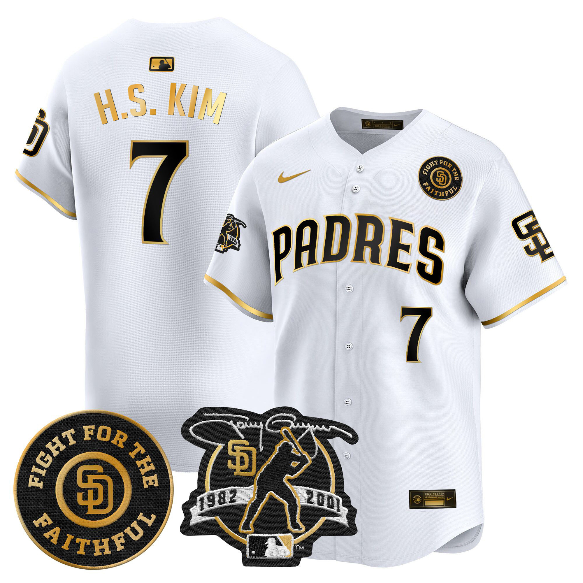 Men's Ha-Seong Kim San Diego Padres Tony Gwynn & Faithful Patch Vapor Premier Limited White Gold Jersey ñ All Stitched