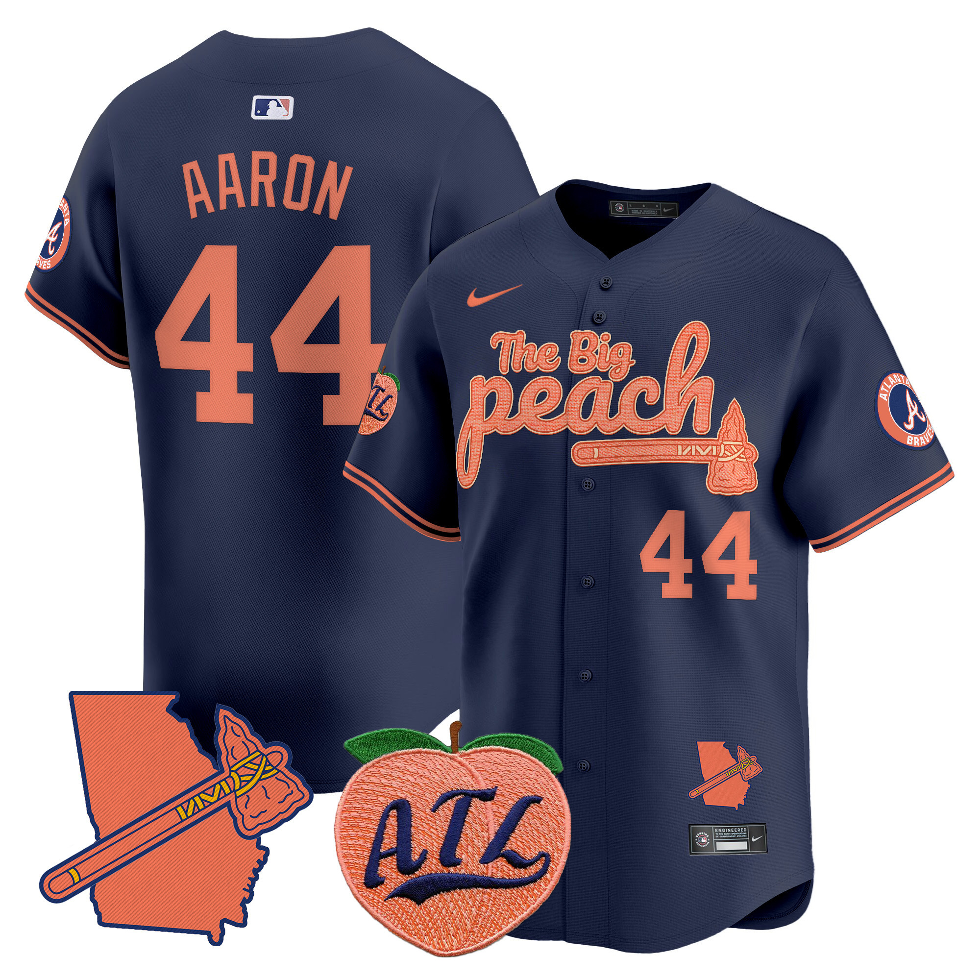 Men's Hank Aaron Atlanta Braves The Big Peach Vapor Premier Limited Navy Jersey V2 - All Stitched