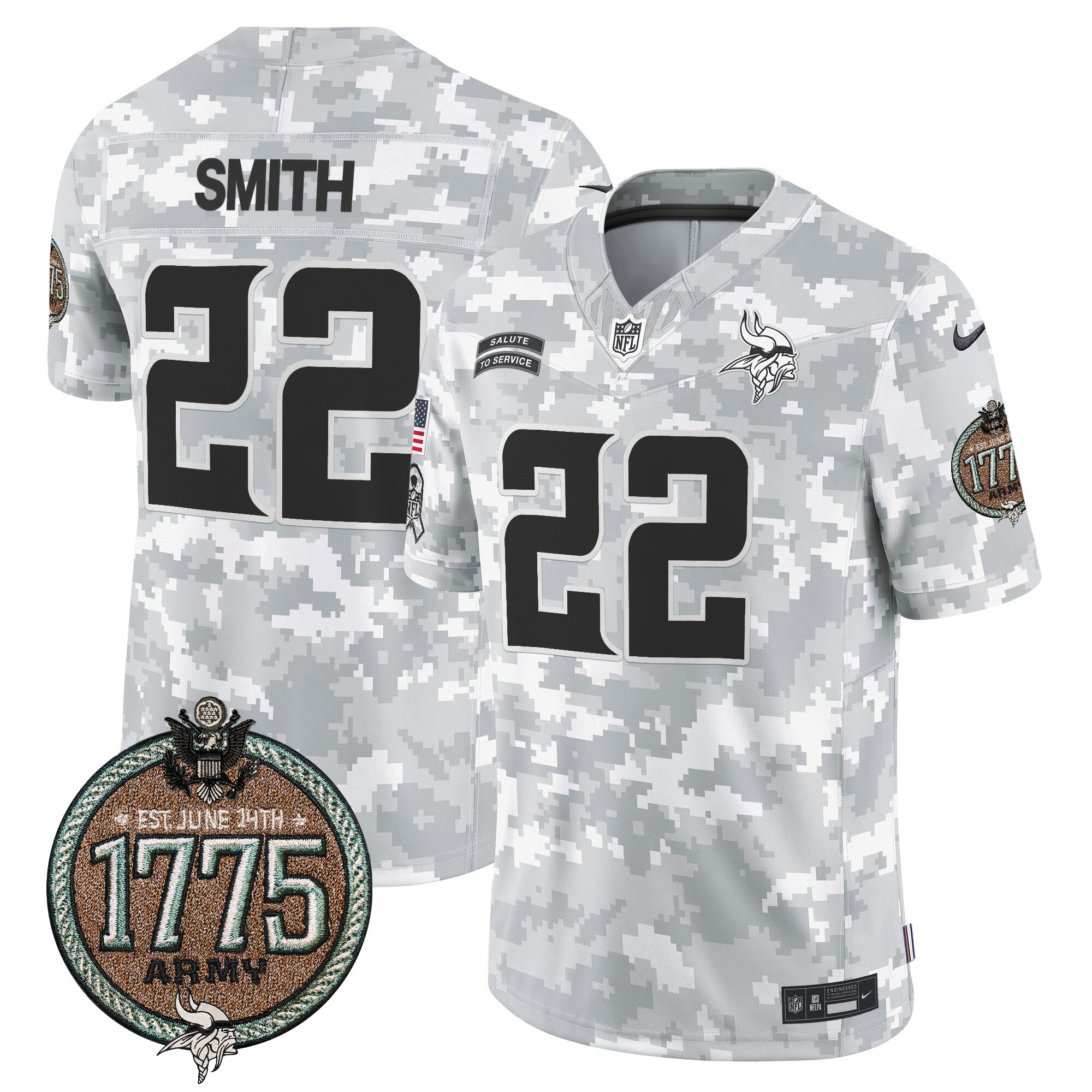Men's Harrison Smith Minnesota Vikings 2024 Salute to Service Establishment Year Patch Vapor Limited Army Jersey - All Stitched