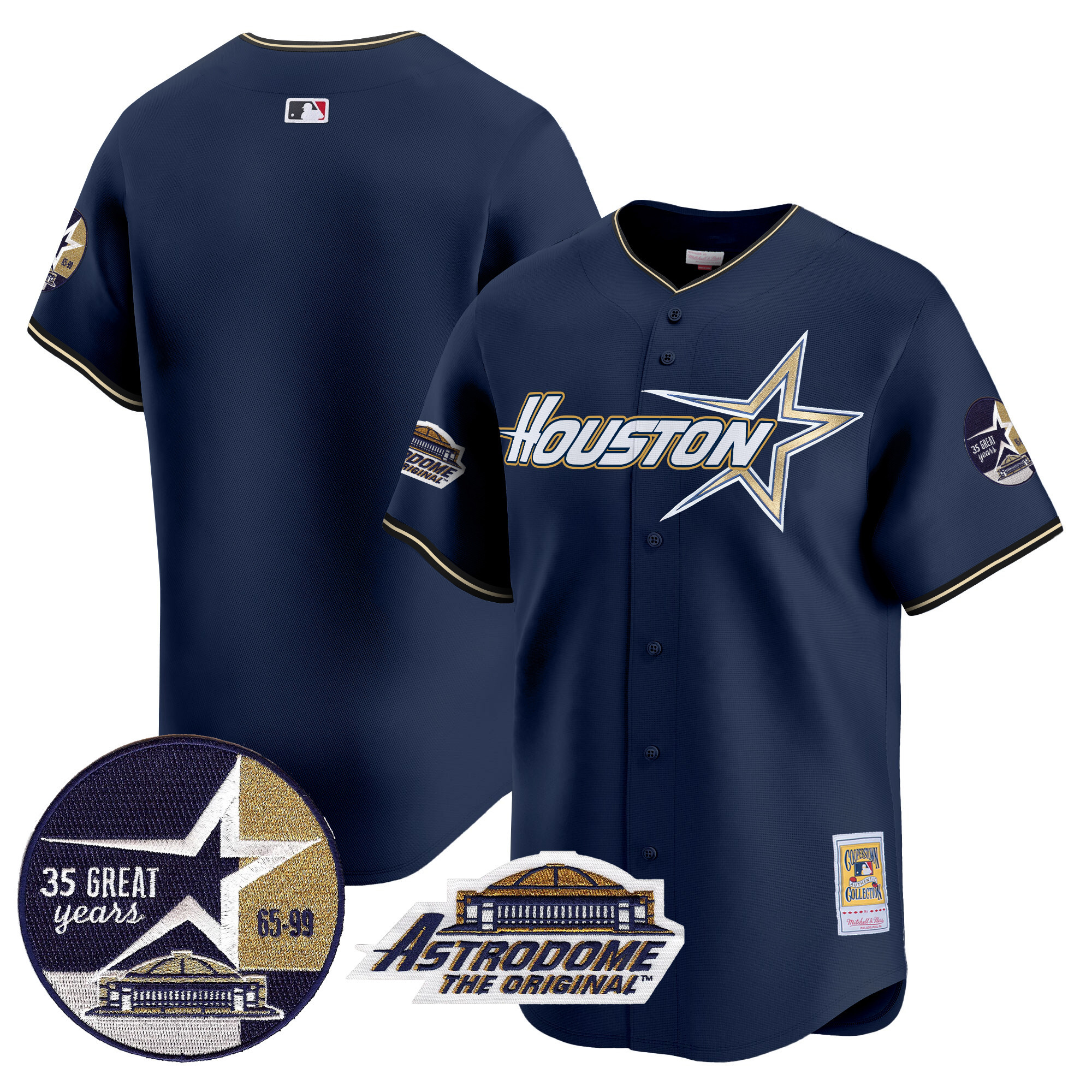 Men's Houston Astros 1999 Throwback 35th & Astrodome Patch Vapor Premier Limited Navy Jersey V2 - All Stitched