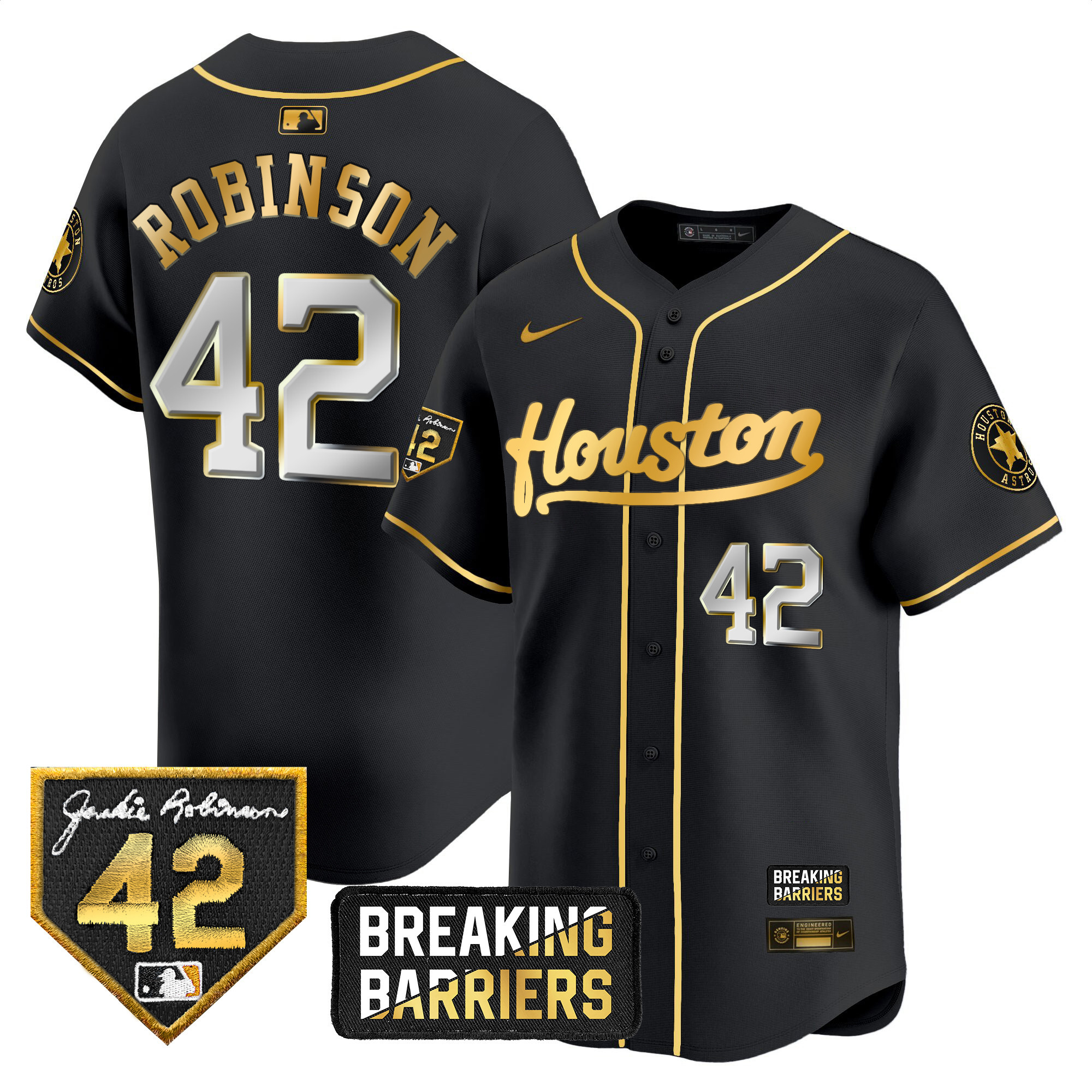 Men's Houston Astros Jackie Robinson Breaking Barriers Patch Vapor Premier Limited Black Gold Jersey - All Stitched