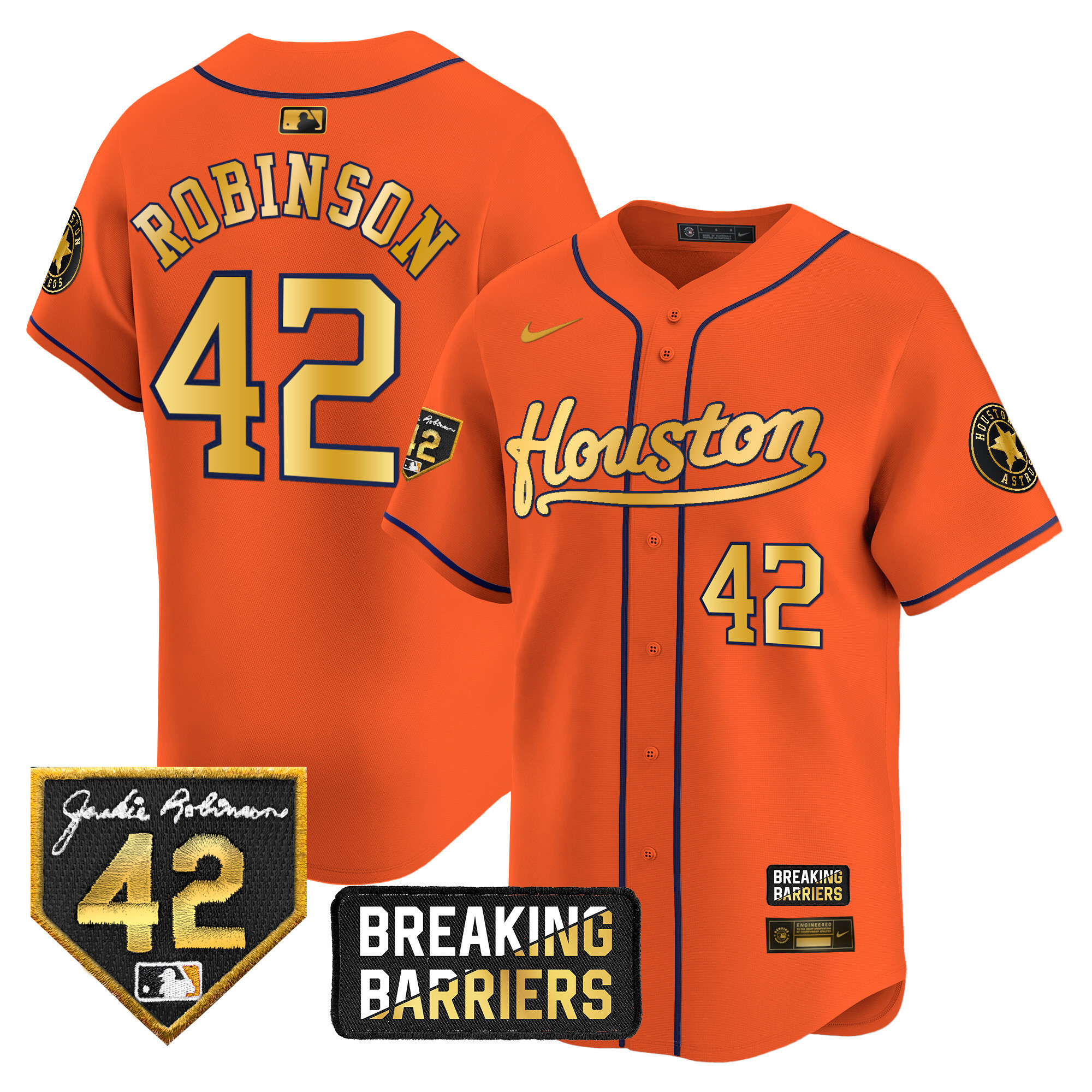 Men's Houston Astros Jackie Robinson Breaking Barriers Patch Vapor Premier Limited Orange Gold Jersey - All Stitched