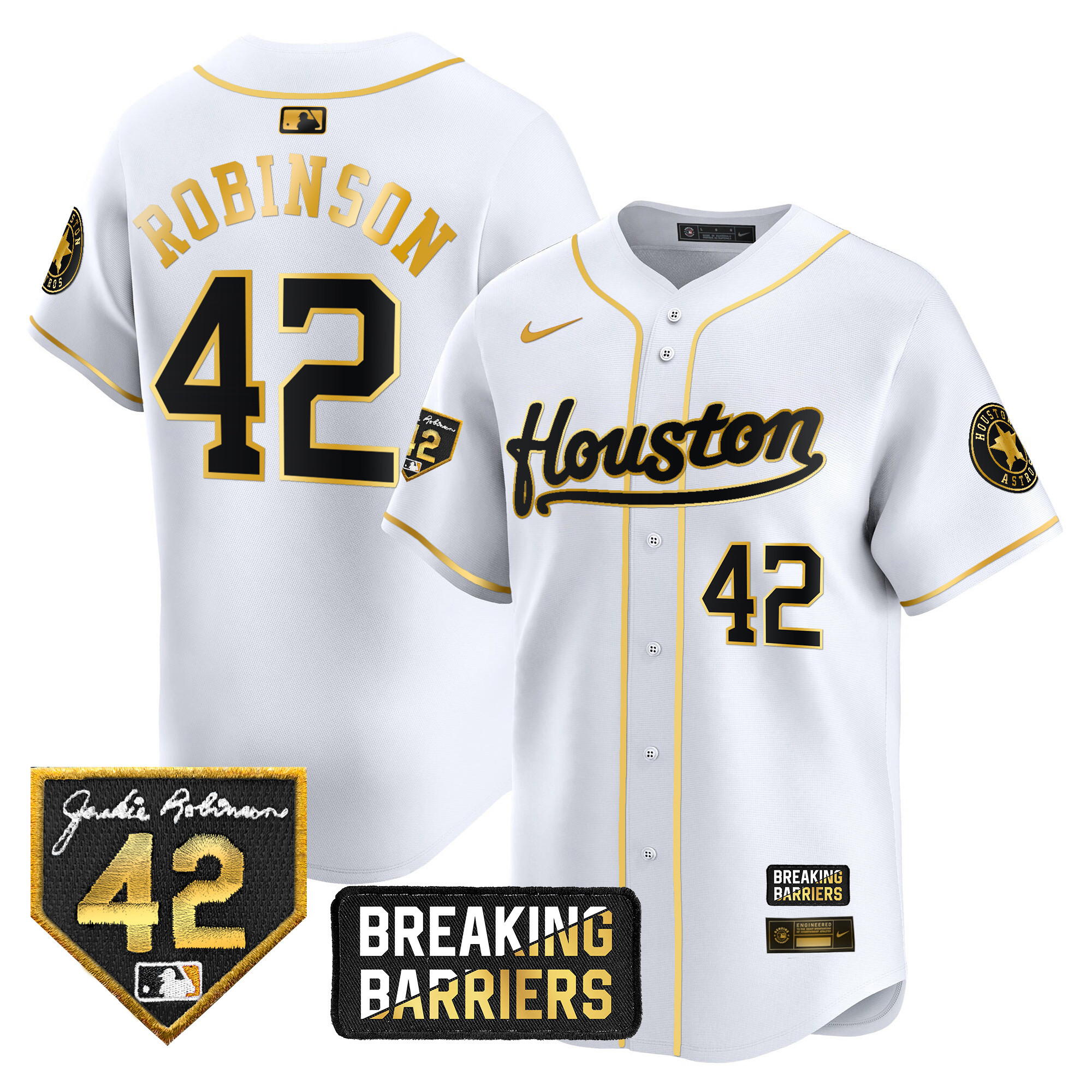 Men's Houston Astros Jackie Robinson Breaking Barriers Patch Vapor Premier Limited White Gold Jersey - All Stitched