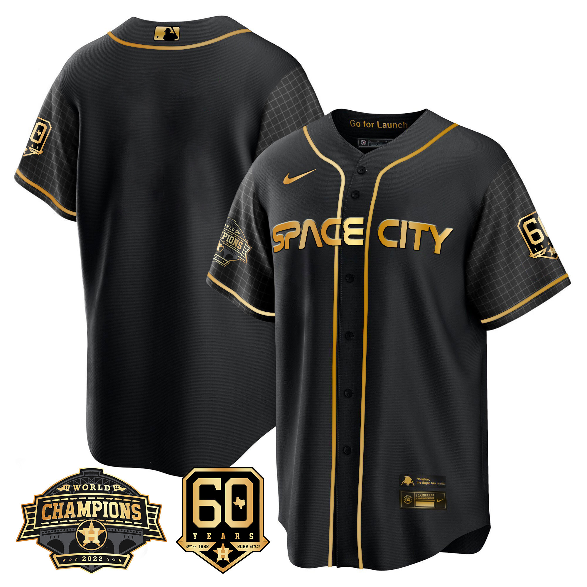 Men's Houston Astros Space City 2022 Champions & 60th Anniversary Patch Cool Black Jersey ñ All Stitched