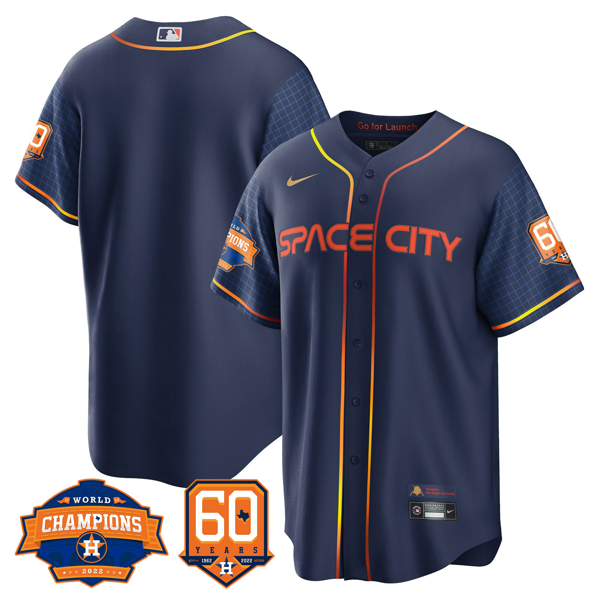 Men's Houston Astros Space City 2022 Champions & 60th Anniversary Patch Cool Navy Jersey ñ All Stitched