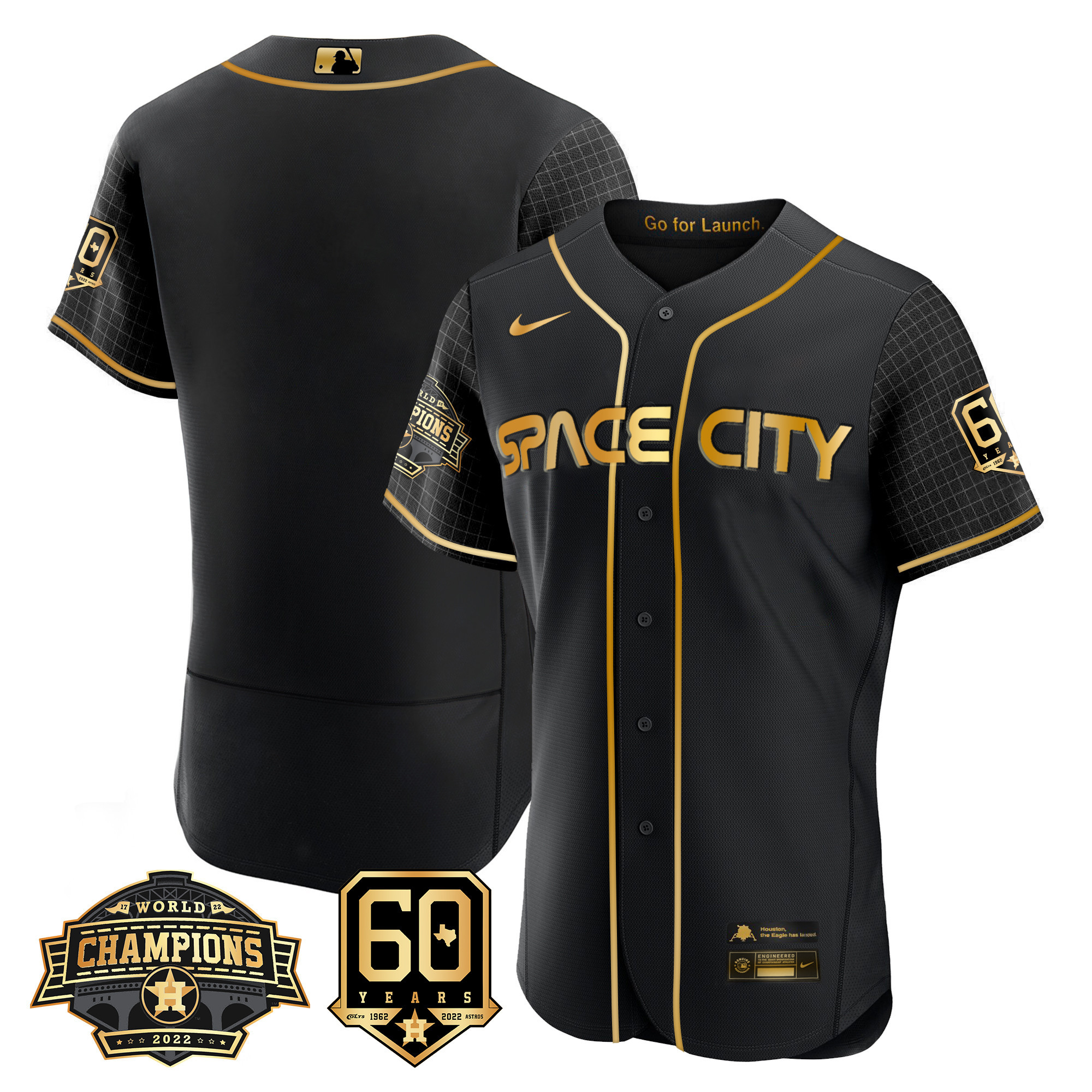 Men's Houston Astros Space City 2022 Champions & 60th Anniversary Patch Flex Black Jersey ñ All Stitched