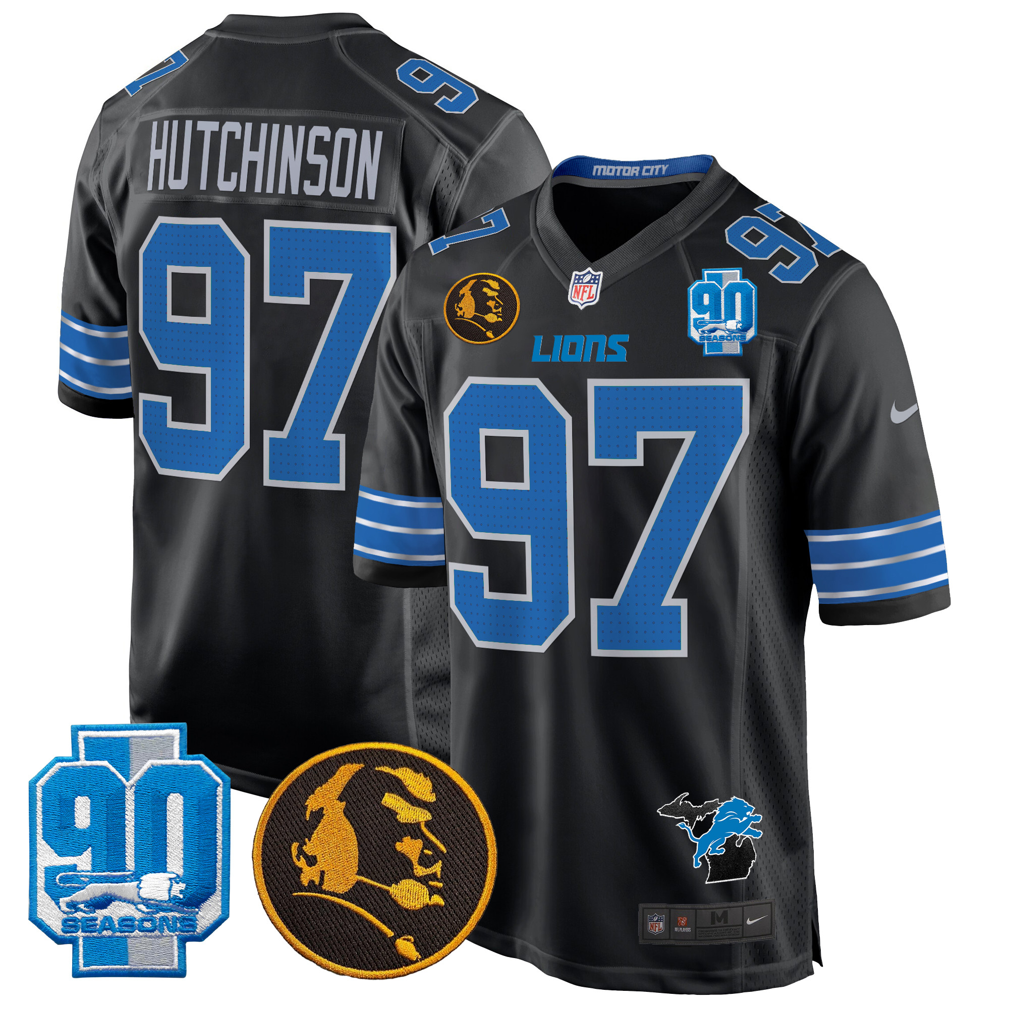Men's Hutchinson Detroit Lions 2024 90th & John Madden Patch Game Black Jersey - All Stitched