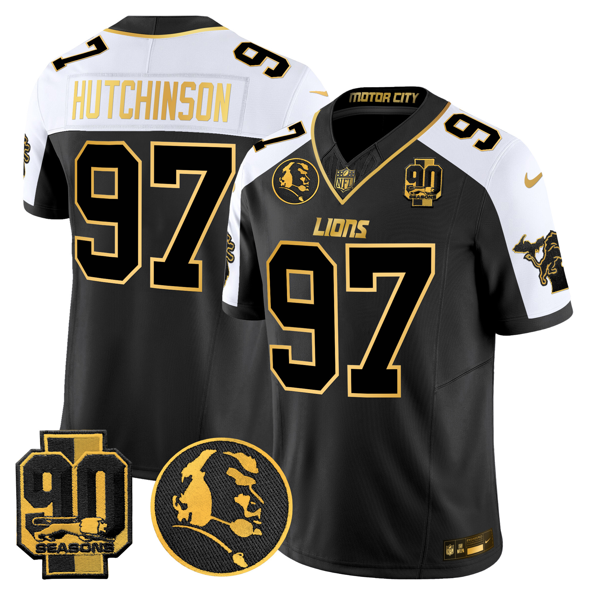 Men's Hutchinson Detroit Lions 2024 90th & John Madden Patch Gold Vapor Limited Alternate Jersey - All Stitched