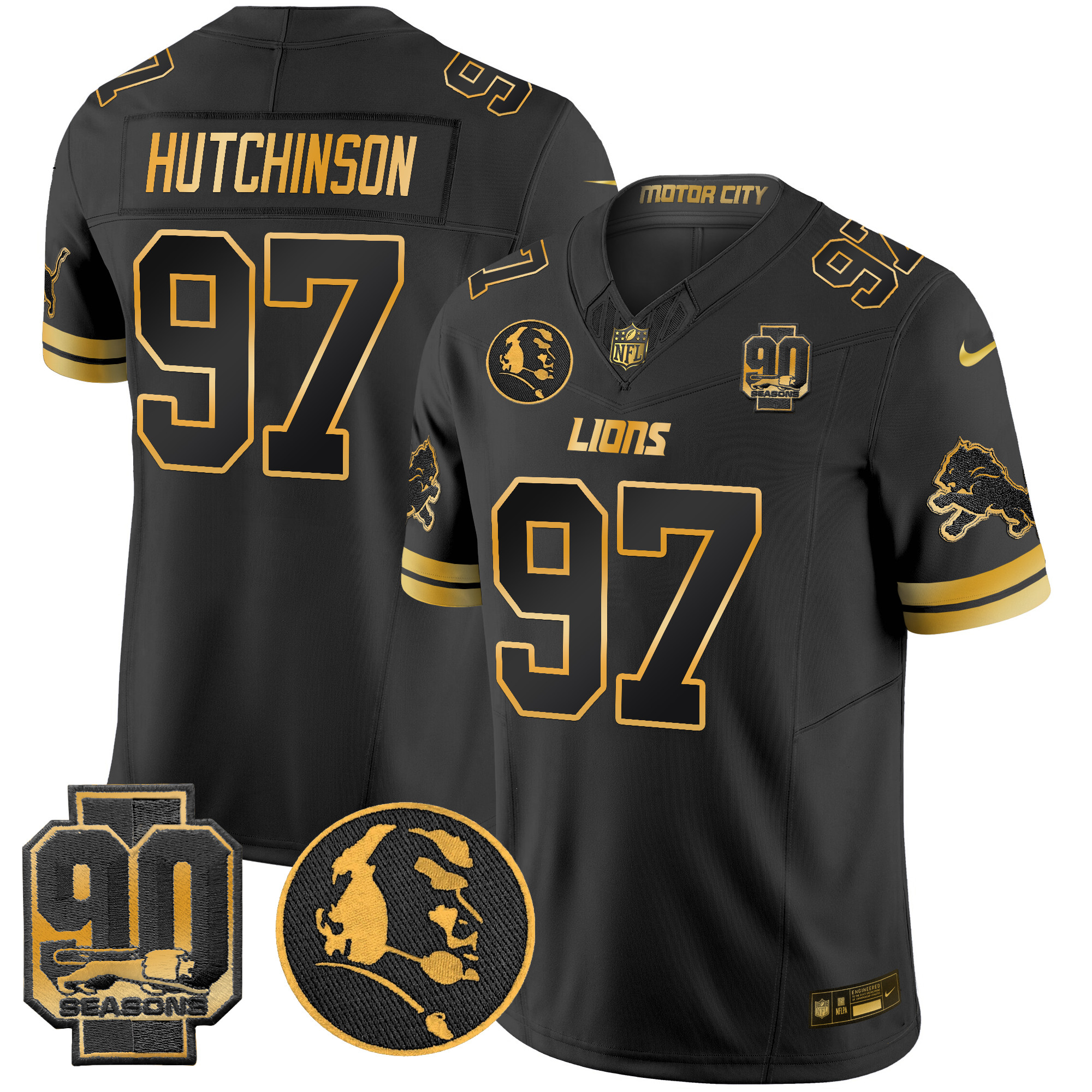 Men's Hutchinson Detroit Lions 2024 90th & John Madden Patch Gold Vapor Limited Black Gold Jersey - All Stitched