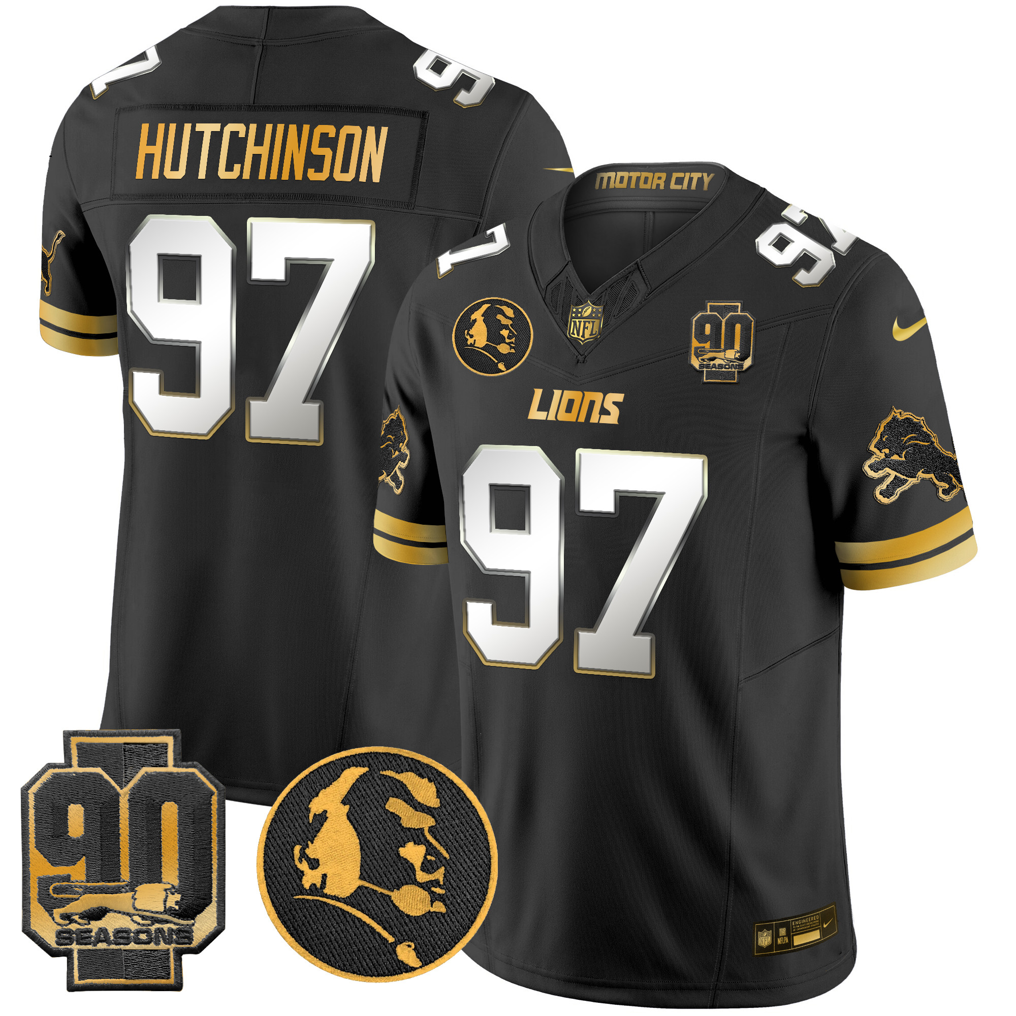 Men's Hutchinson Detroit Lions 2024 90th & John Madden Patch Gold Vapor Limited Black Limited Jersey - All Stitched