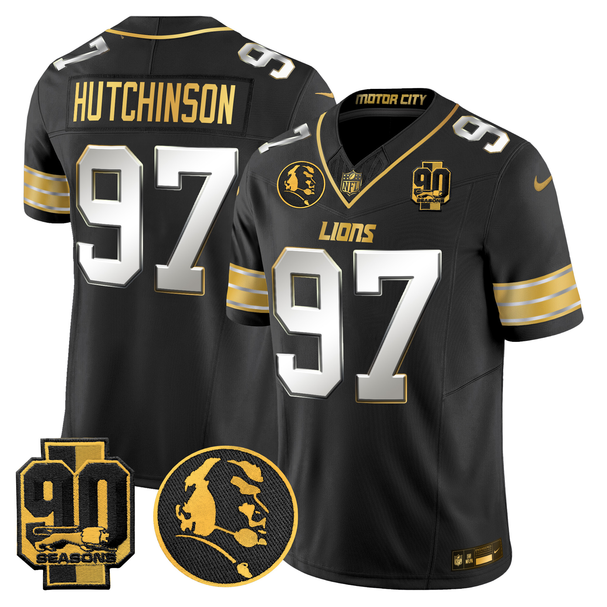 Men's Hutchinson Detroit Lions 2024 90th & John Madden Patch Gold Vapor Limited Black Limited Jersey - All Stitched