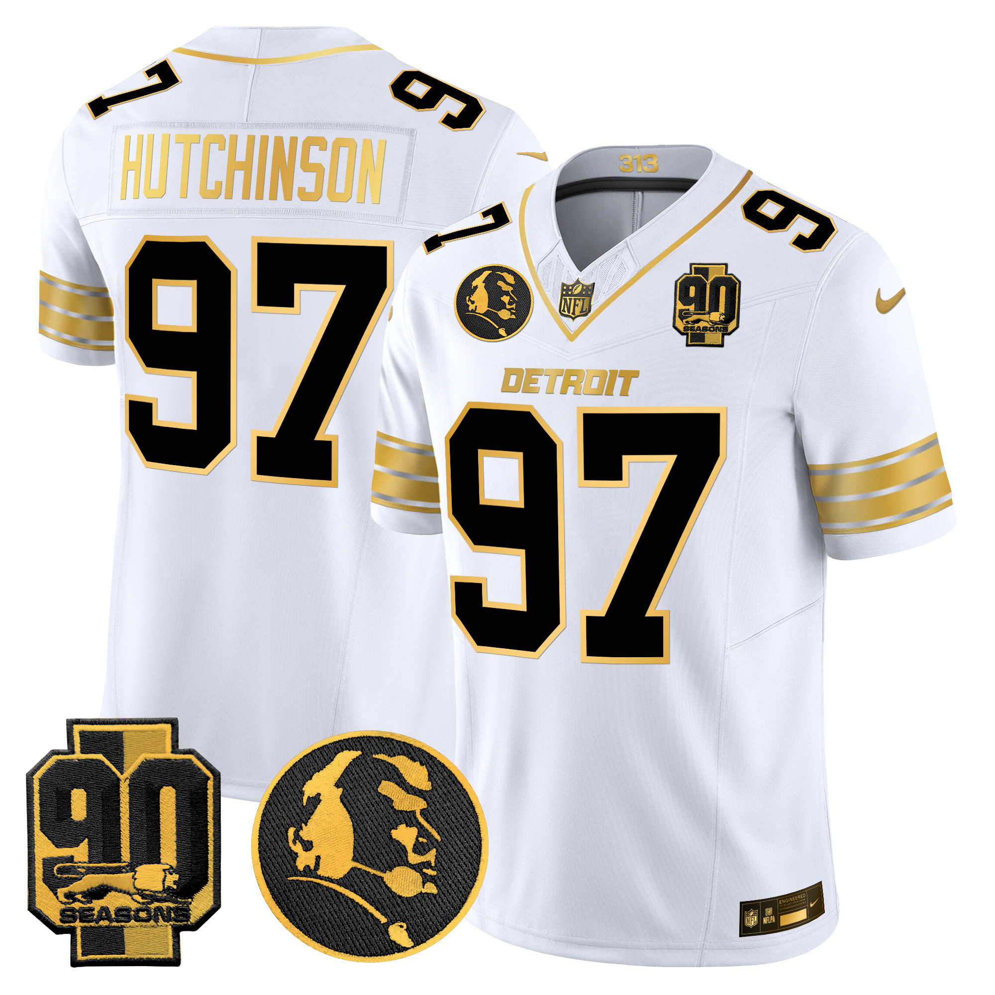 Men's Hutchinson Detroit Lions 2024 90th & John Madden Patch Gold Vapor Limited White Gold Jersey - All Stitched