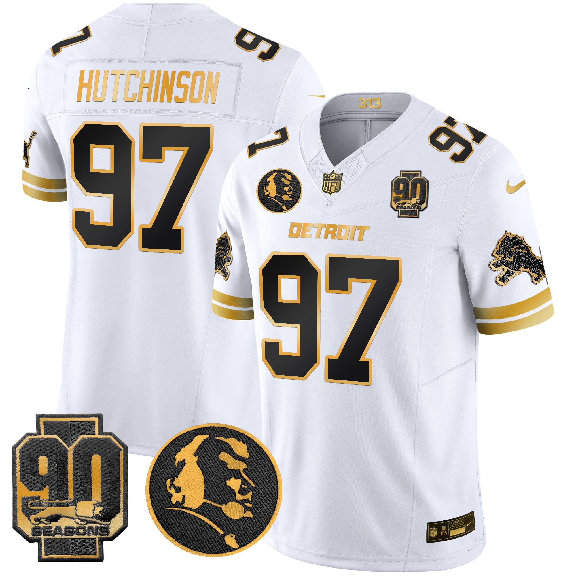 Men's Hutchinson Detroit Lions 2024 90th & John Madden Patch Gold Vapor Limited White Gold Jersey - All Stitched