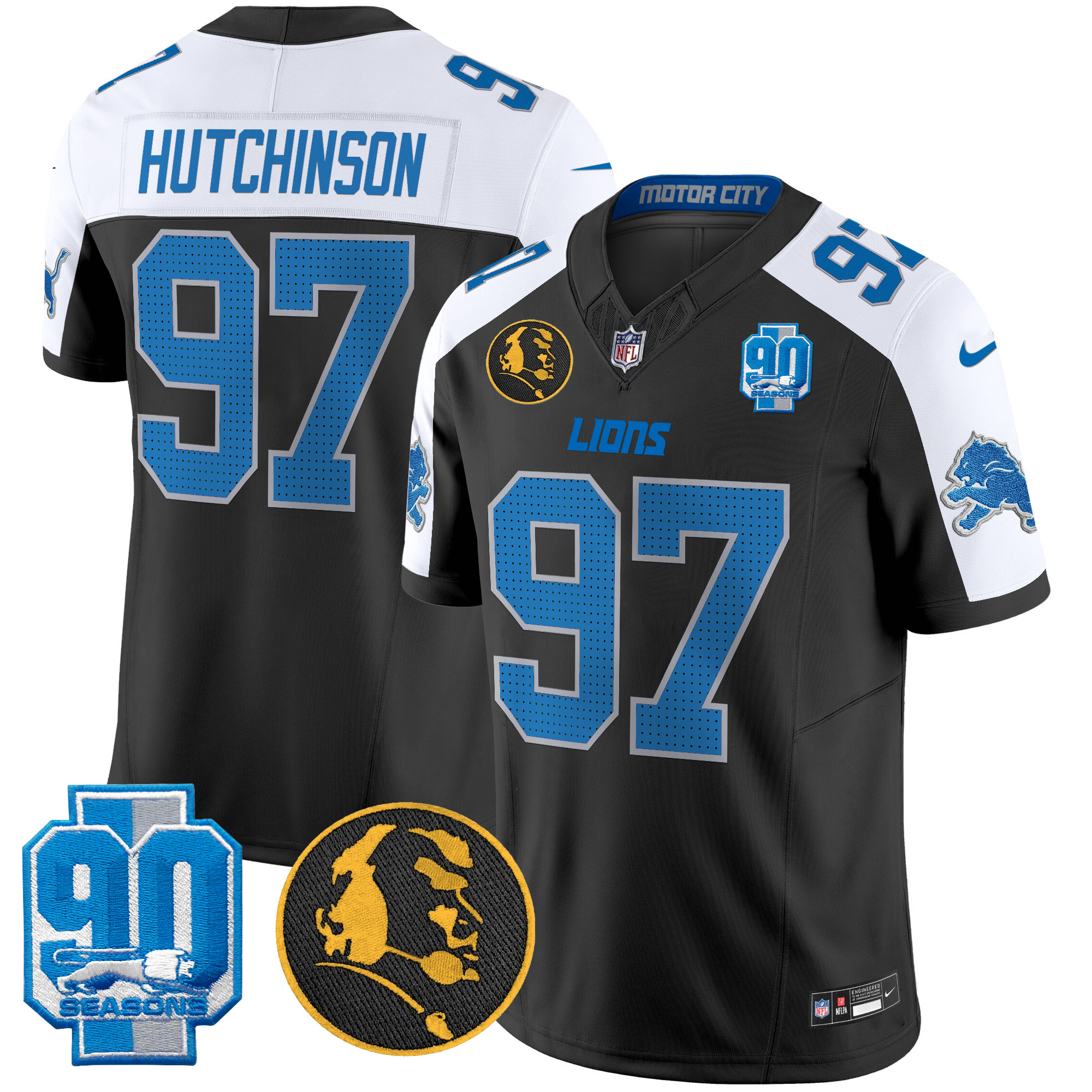 Men's Hutchinson Detroit Lions 2024 90th & John Madden Patch Vapor Limited Black Alternate Jersey - All Stitched