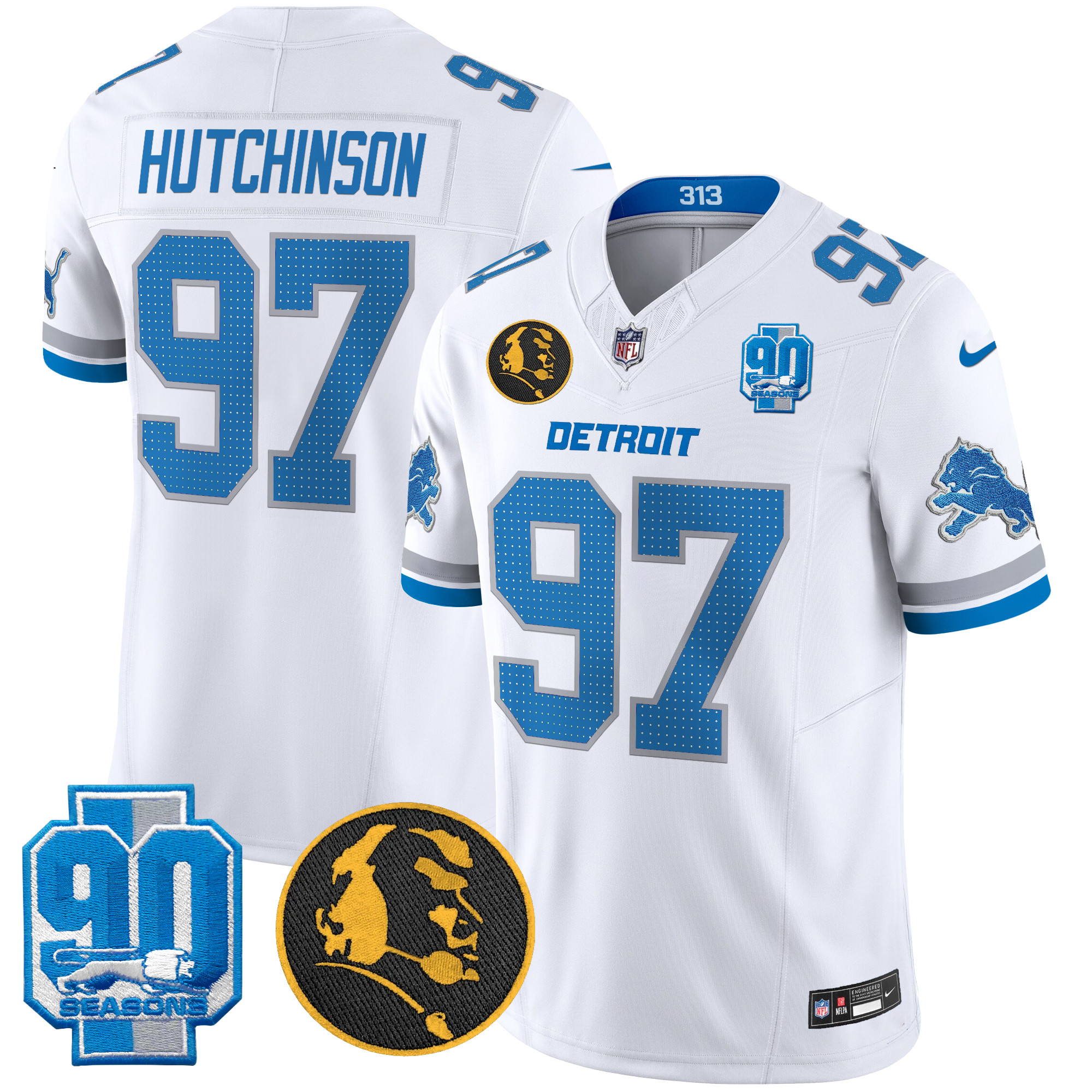 Men's Hutchinson Detroit Lions 2024 90th & John Madden Patch Vapor Limited White Jersey - All Stitched