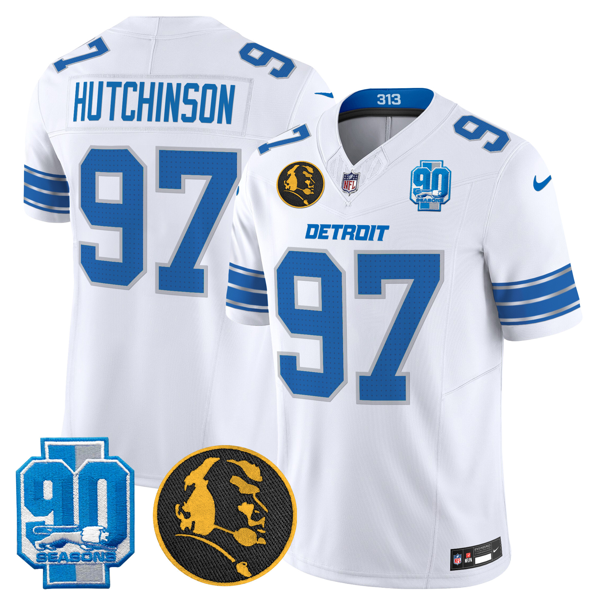 Men's Hutchinson Detroit Lions 2024 90th & John Madden Patch Vapor Limited White Jersey - All Stitched