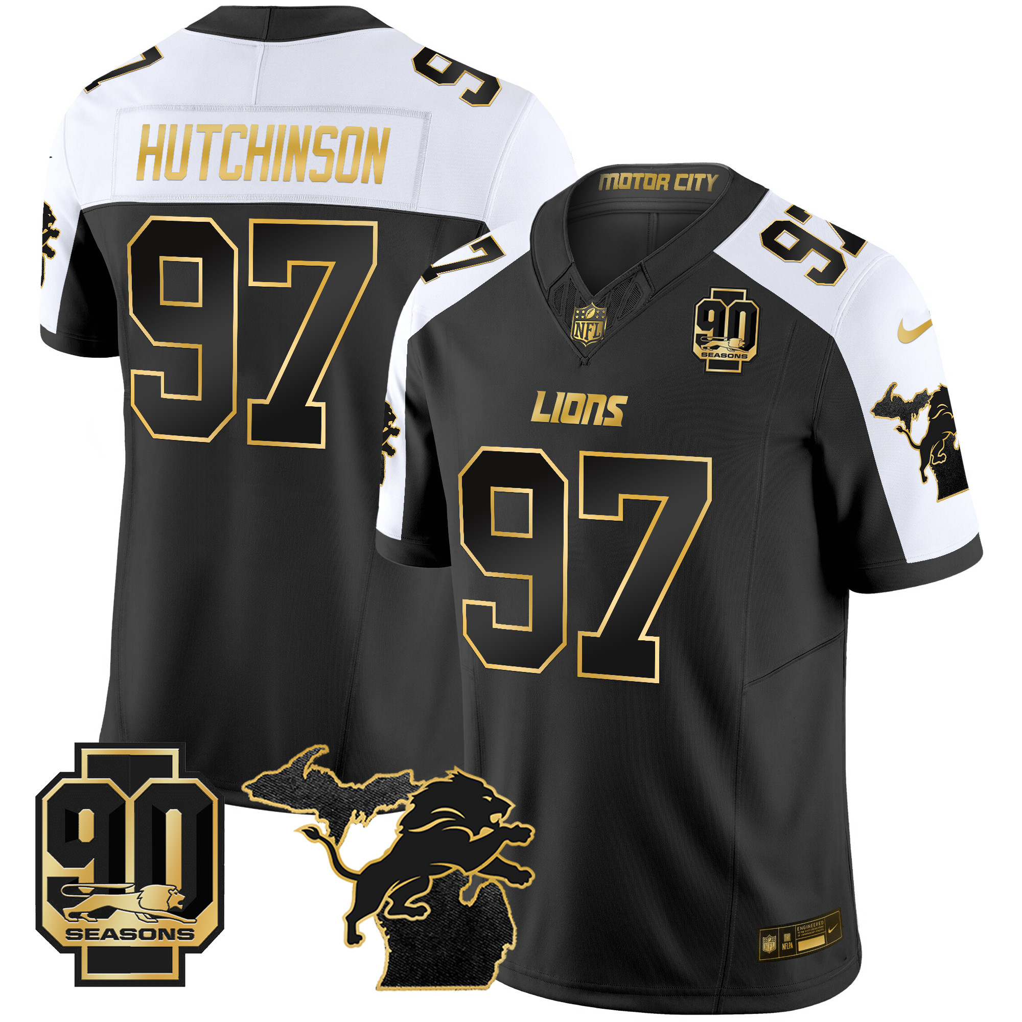 Men's Hutchinson Detroit Lions 2024 Michigan & 90th Season Patch Gold Vapor Limited Alternate Jersey - All Stitched