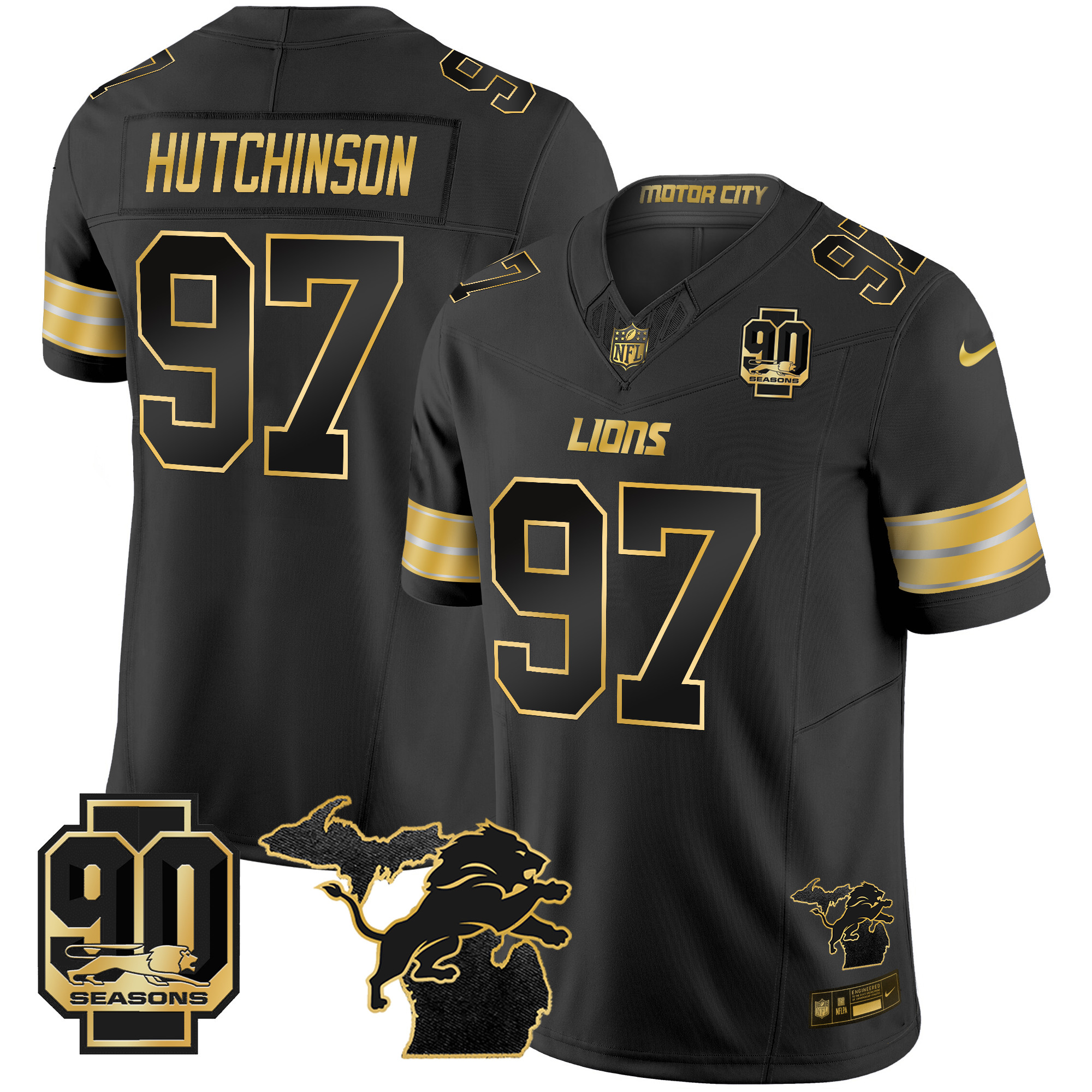 Men's Hutchinson Detroit Lions 2024 Michigan & 90th Season Patch Gold Vapor Limited Black Gold Jersey - All Stitched