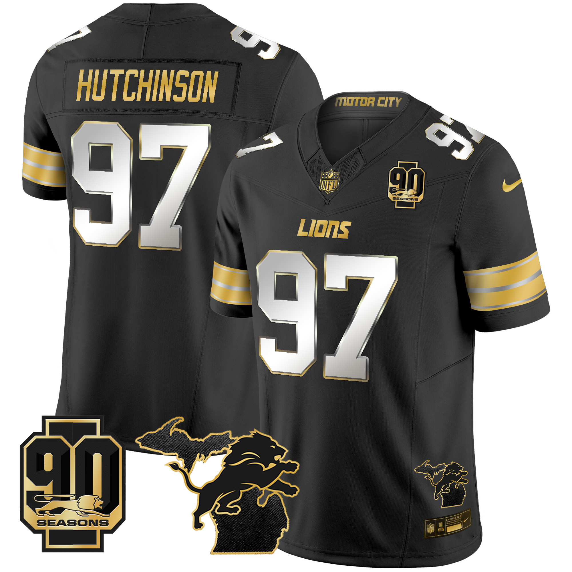 Men's Hutchinson Detroit Lions 2024 Michigan & 90th Season Patch Gold Vapor Limited Black Limited Jersey - All Stitched
