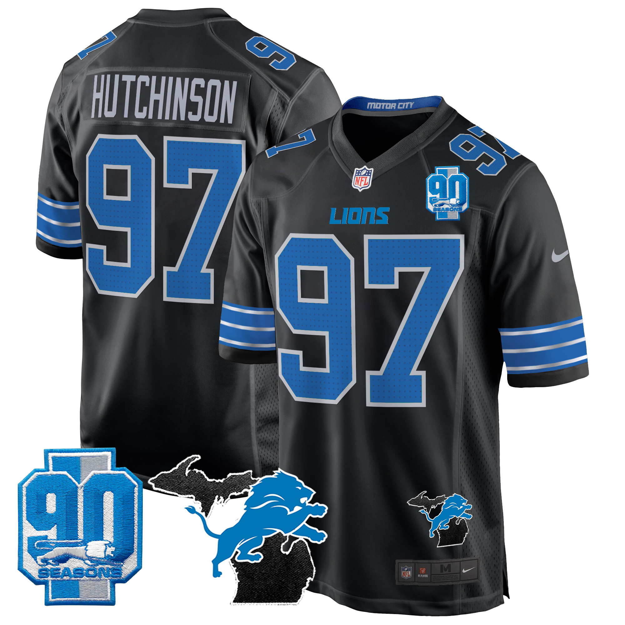 Men's Hutchinson Detroit Lions 2024 Michigan & 90th Year Patch Game Black Jersey - All Stitched
