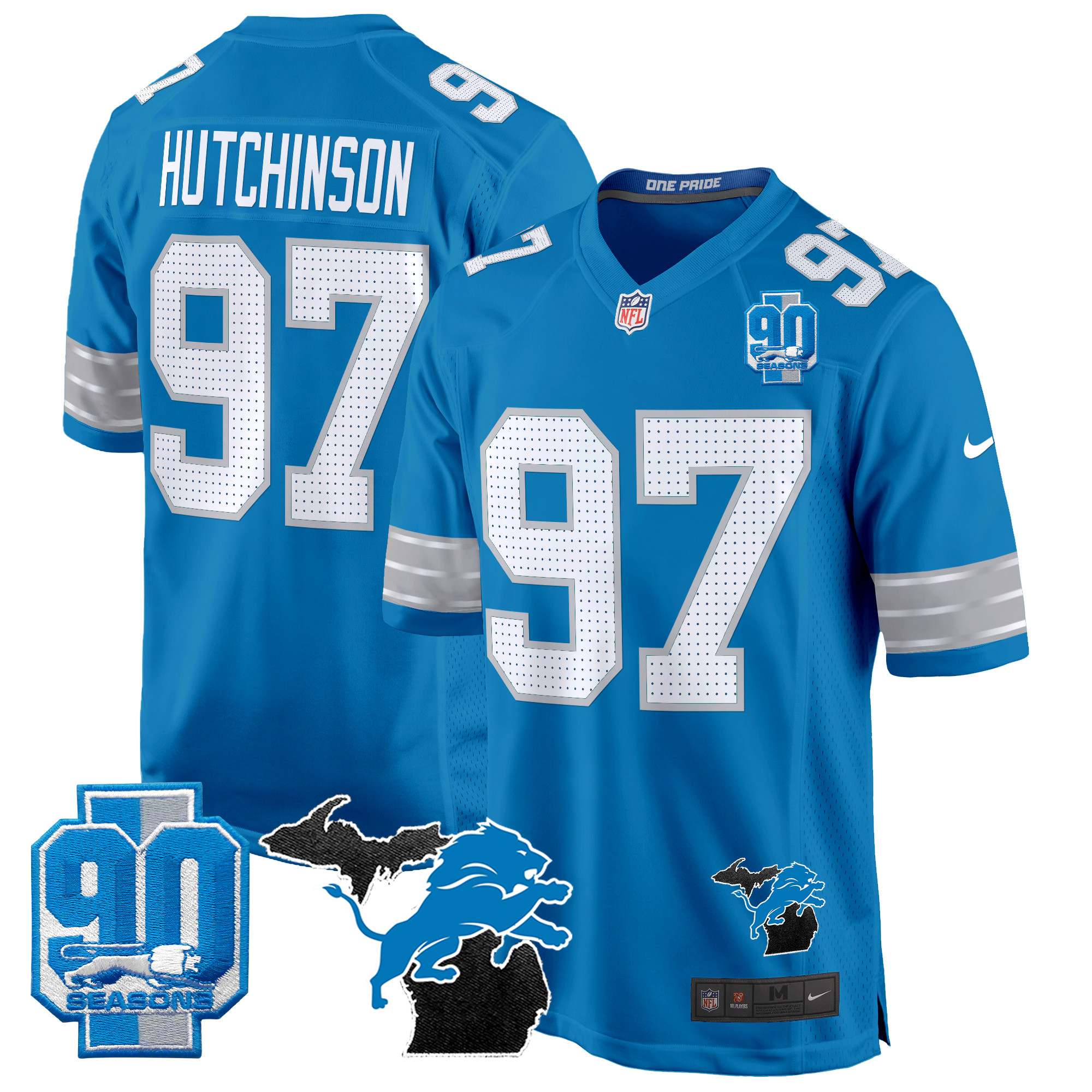 Men's Hutchinson Detroit Lions 2024 Michigan & 90th Year Patch Game Blue Jersey - All Stitched